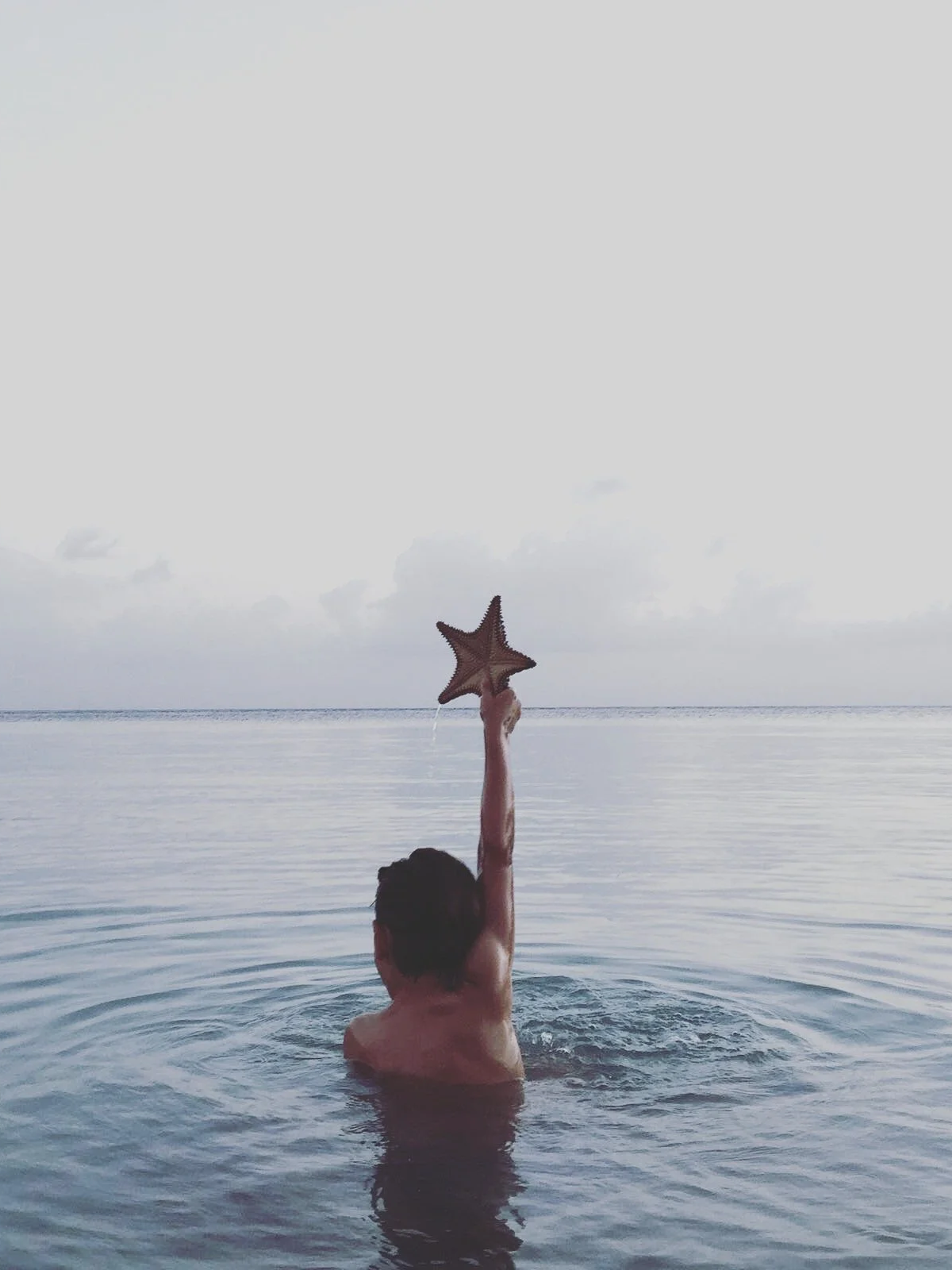 Person in the ocean holding a starfish-shaped toy or object above their head with the water and sky in the background.