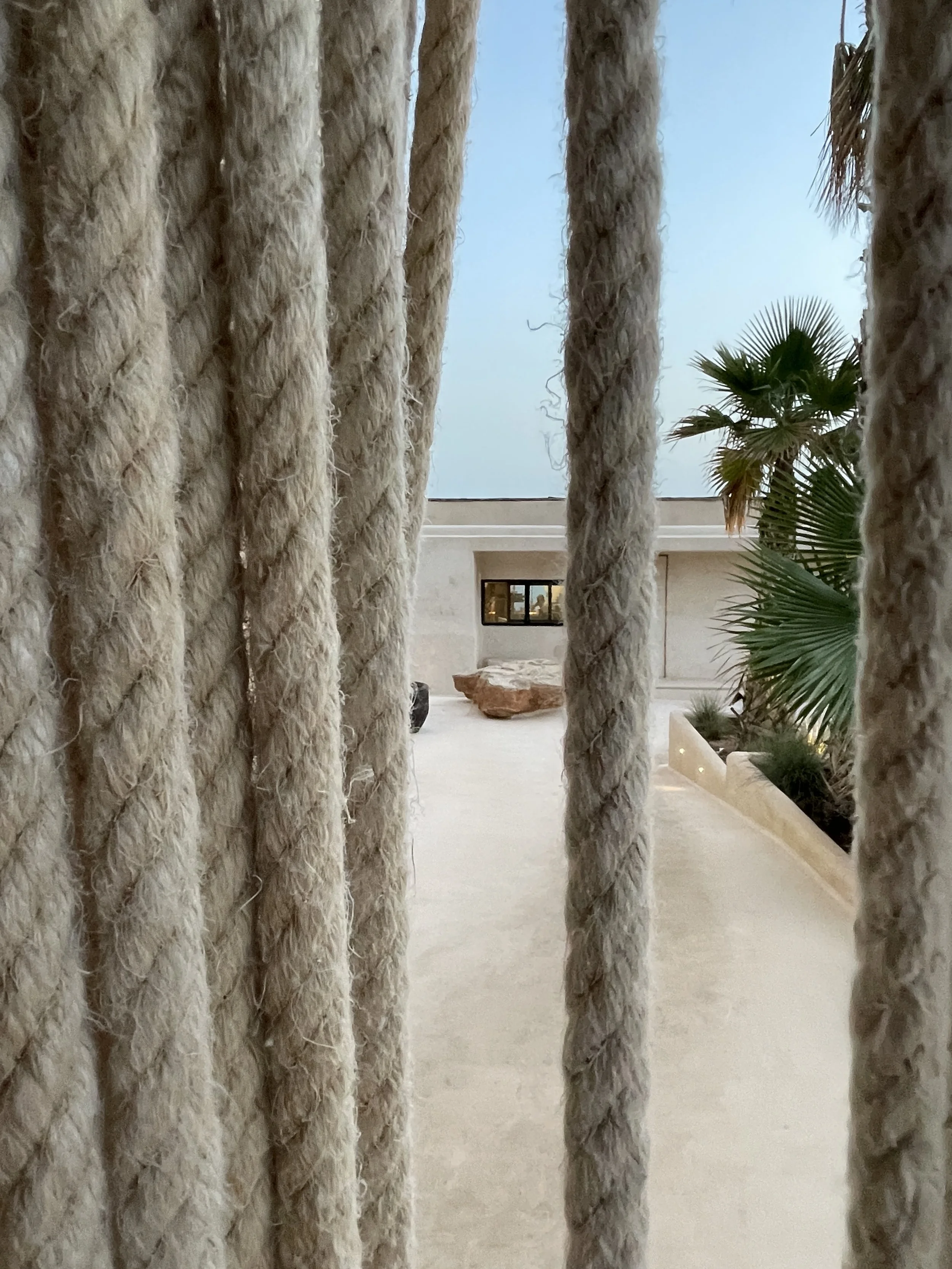 View through vertical beige ropes towards a modern outdoor area with white walls, a window, large rocks, and green plants, including a palm tree.