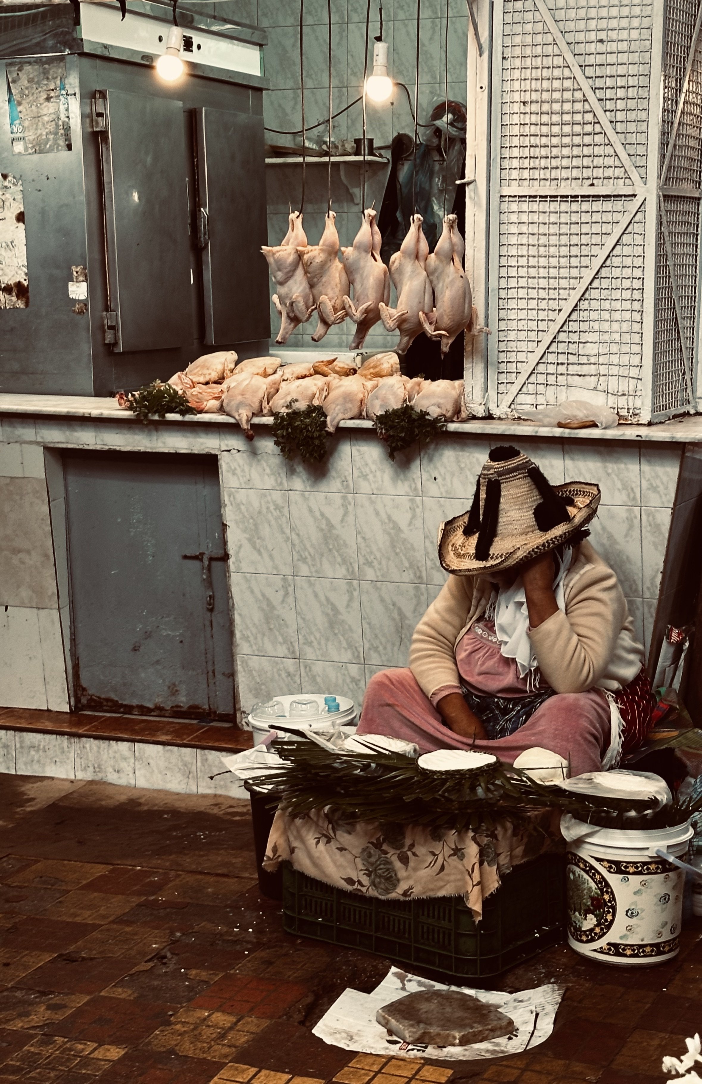 A woman sitting on the floor of a market stall, with a large woven hat covering her face. She is surrounded by food items and a table with palm leaves on top. Behind her, there are hanging and arranged raw chickens and ducks, with some herb sprigs on