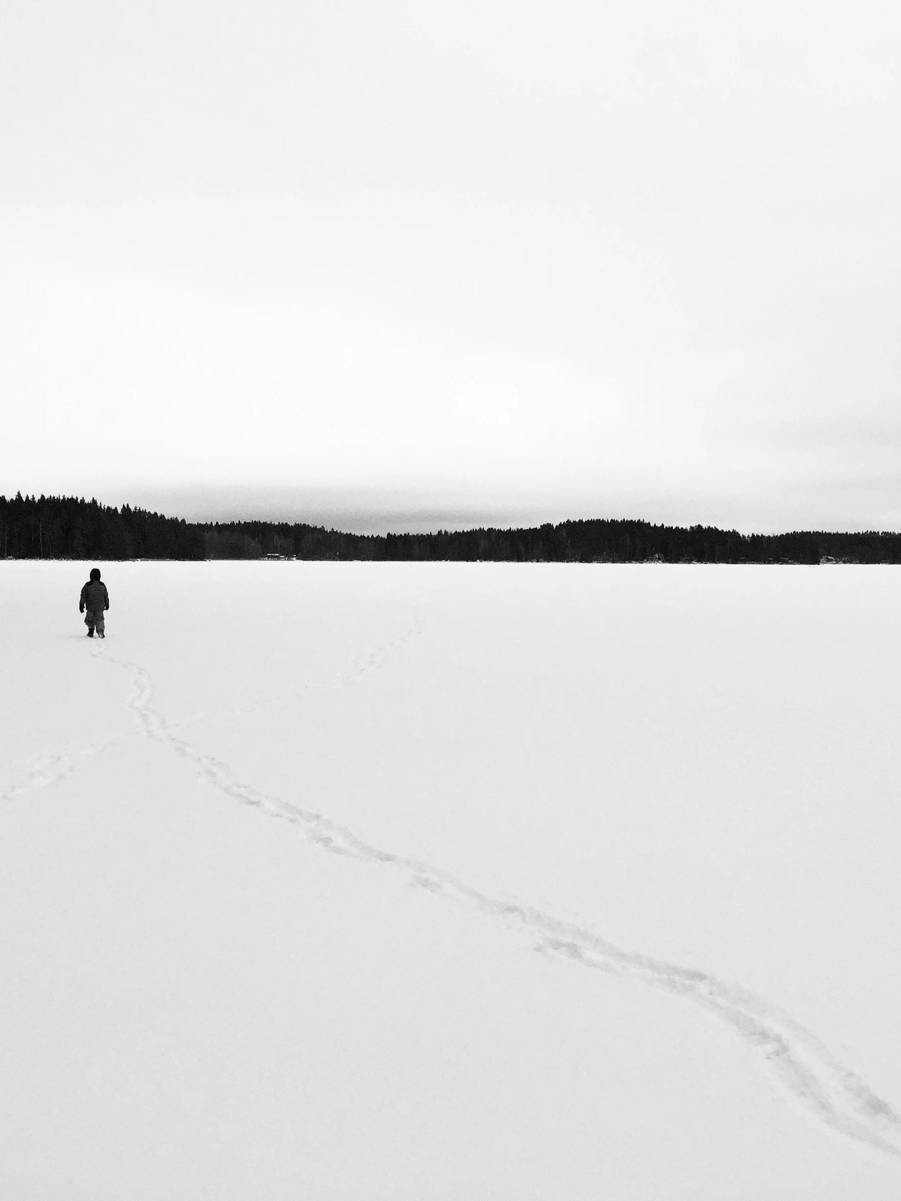 A person walking alone on a vast, snowy landscape with tracks in the snow, under a cloudy sky, with distant treelines across the horizon.