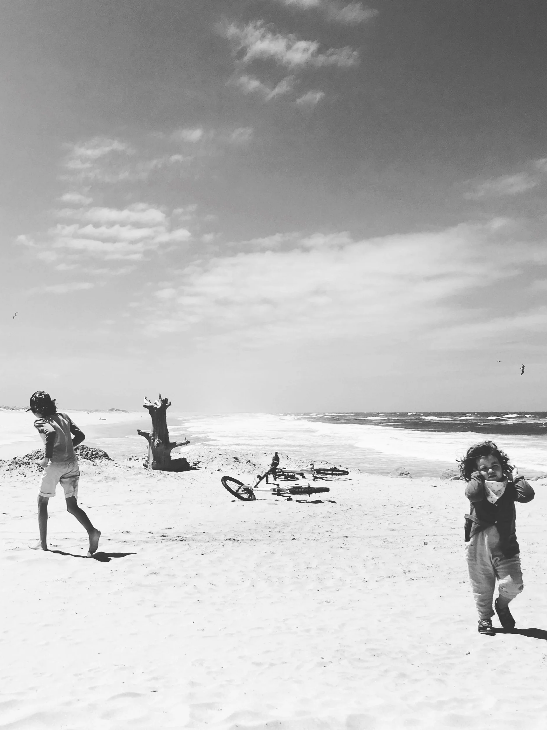 Children playing on a sandy beach with driftwood and bikes, under partly cloudy sky.