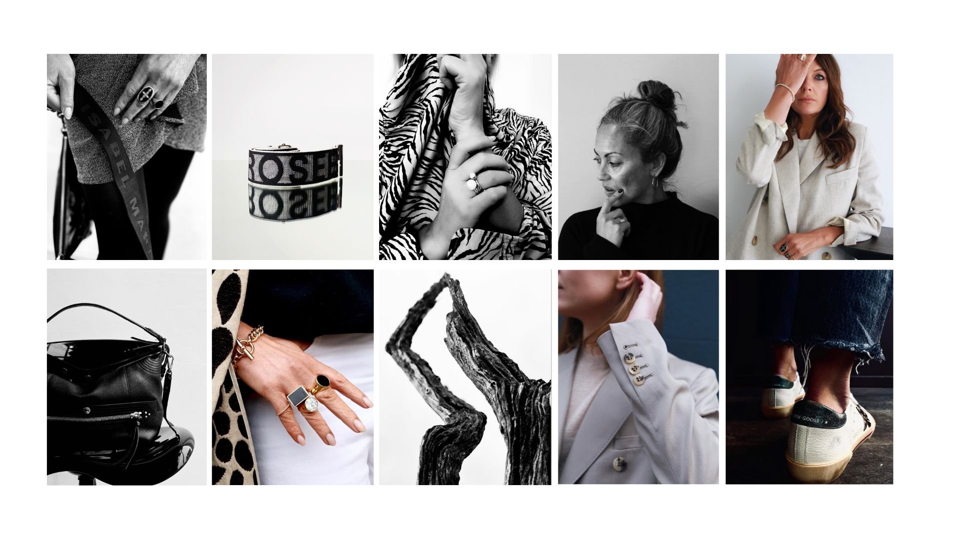A collage of ten black and white and color fashion photographs featuring accessories, jewelry, clothing, and shoes arranged in two rows.
