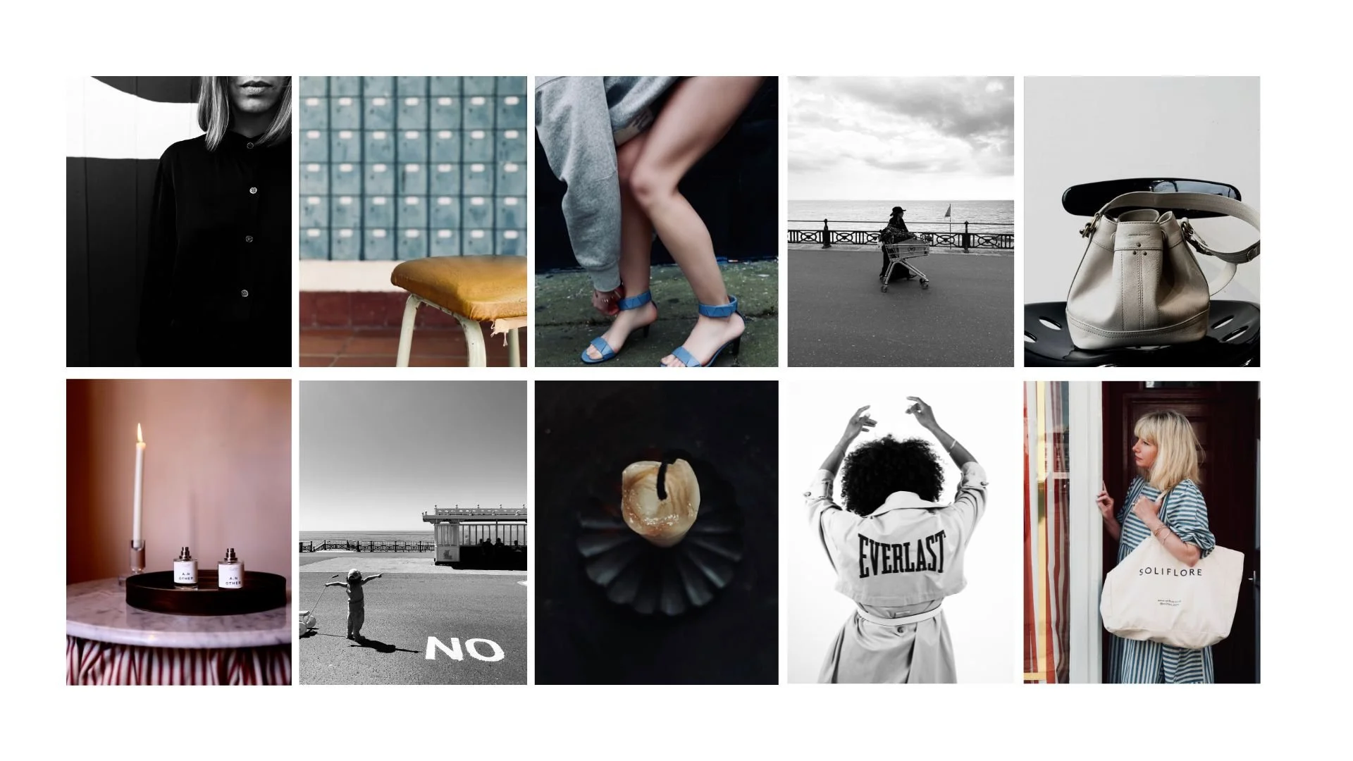 A collage of ten images includes a woman in black with a hat, a grid of mailboxes, a woman sitting on the ground with legs crossed wearing heels, a woman with a shopping cart near the ocean, a handbag on a black chair, a lit candle on a marble surface with perfume bottles, a person reaching towards the sea with a long shadow, a paper cupcake with a cherry on top, a woman with curly hair in a white shirt with 'Everlast' on the back, and a woman in striped clothes holding a large tote bag with 'Soliflore' on it.