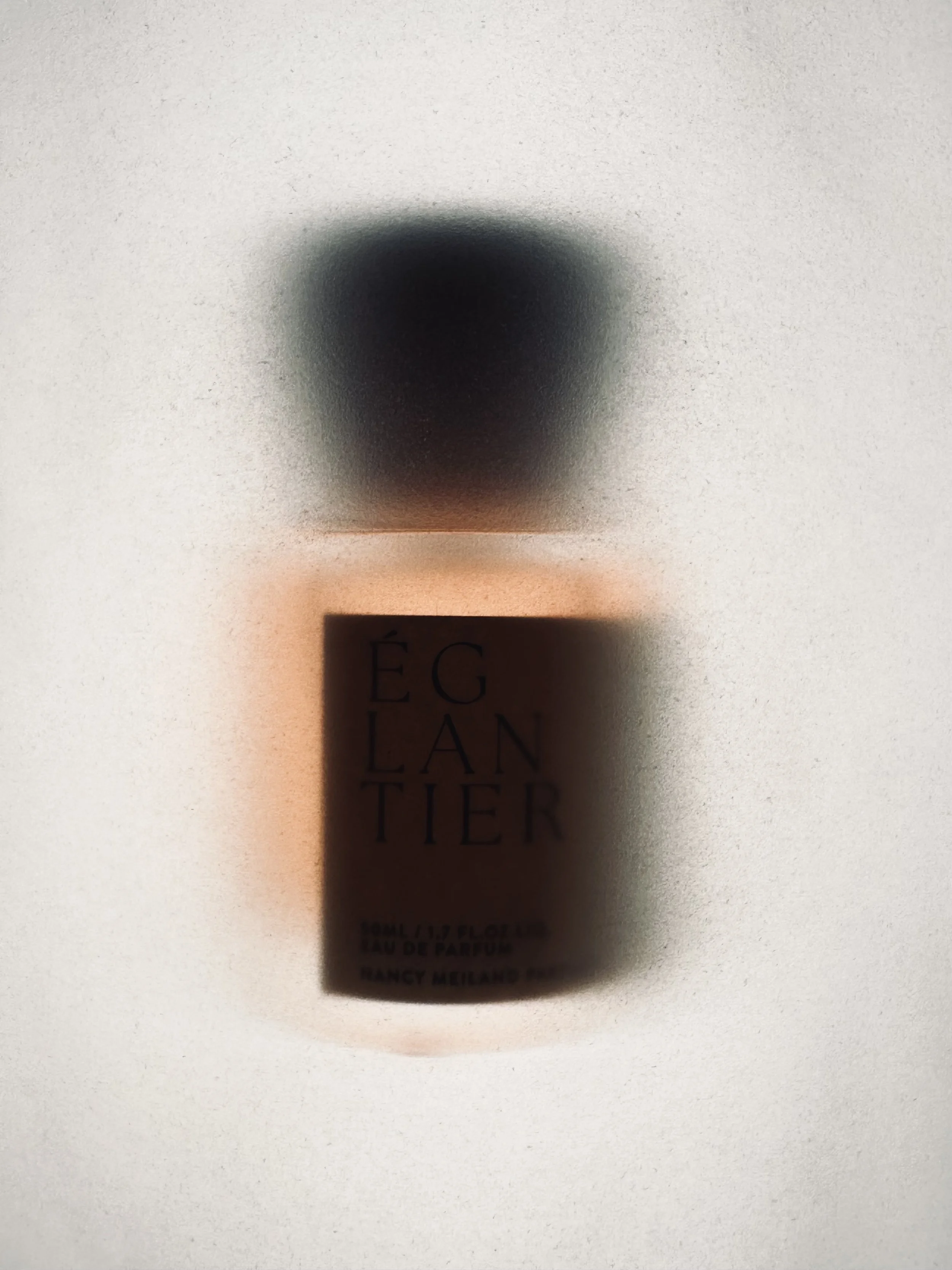 A perfume bottle labeled 'ÉGALANTIER' with some text underneath, placed on a surface with a pastel-colored glow.
