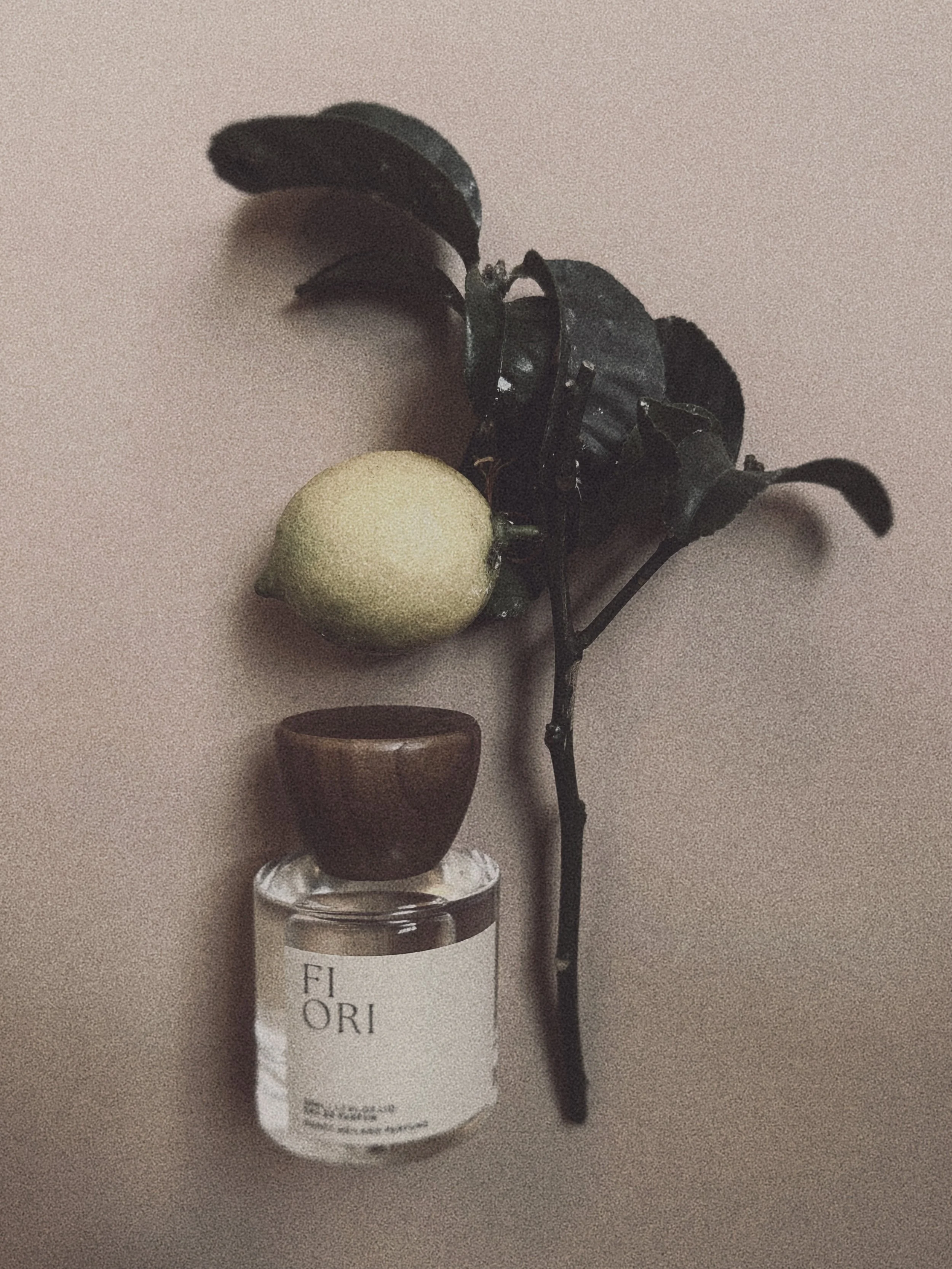 A black scorpion and a small branch with a green lemon or lime, a glass perfume bottle with a wooden lid, labeled 'FLORI' and another smaller object on top of the bottle, all arranged on a pink surface.