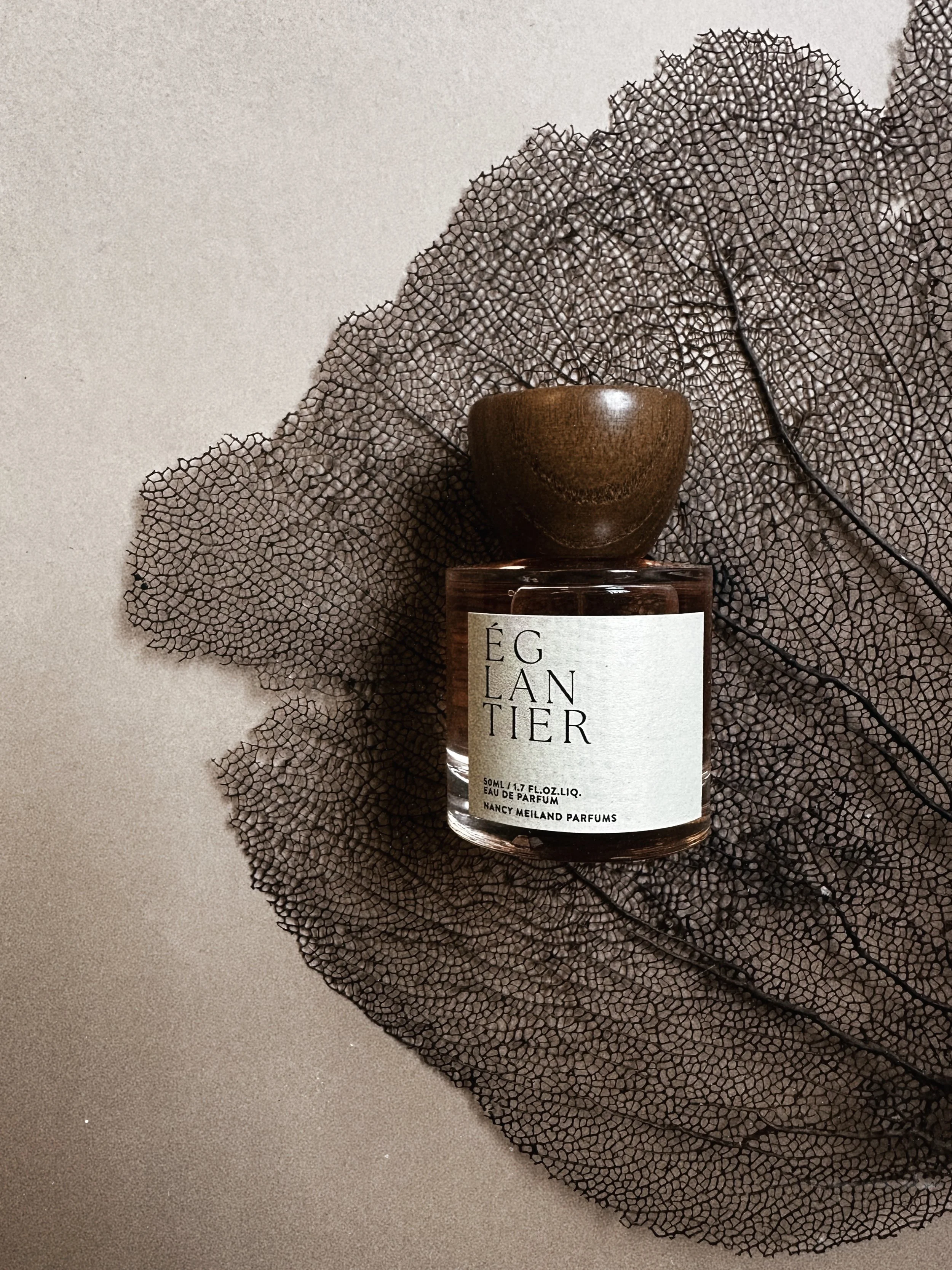 A bottle of Eau de Parfum perfume with a wooden cap, placed on a black leaf skeleton, on a beige background.