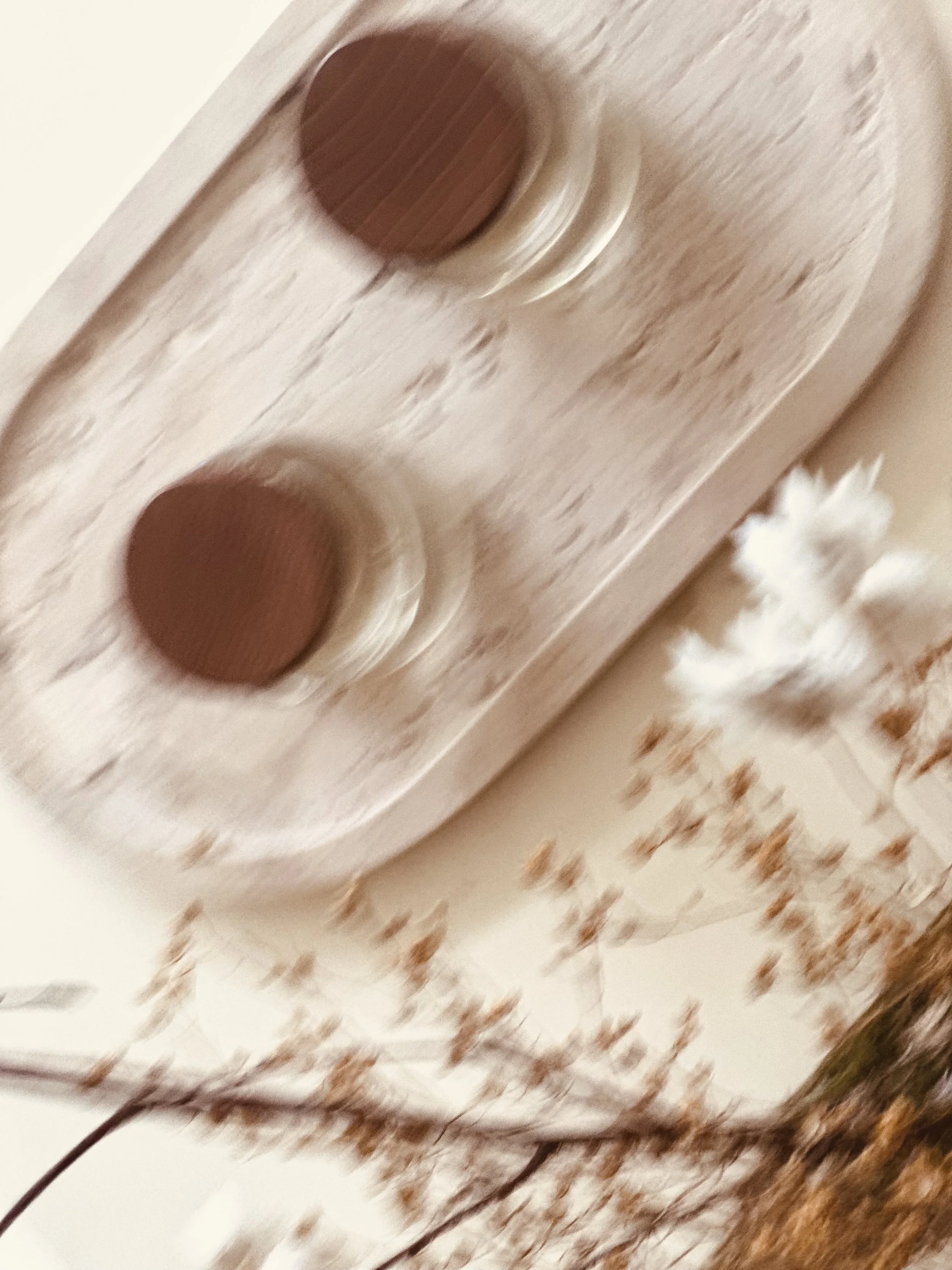 Blurry photo of a wooden tray with two round objects and some white fluffy material nearby, with a branch and dried leaves in the background.