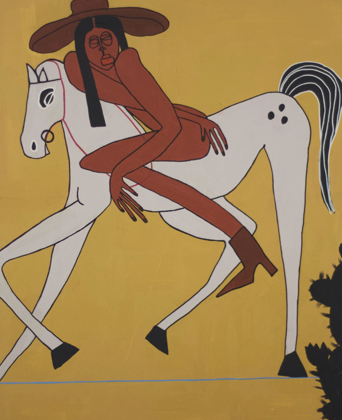 A colorful painting of a person with dark skin, long black hair, wearing a wide-brimmed hat, riding a white horse with black and white striped tail. The person is dressed in brown boots and minimal clothing, with a black outline style against a yello