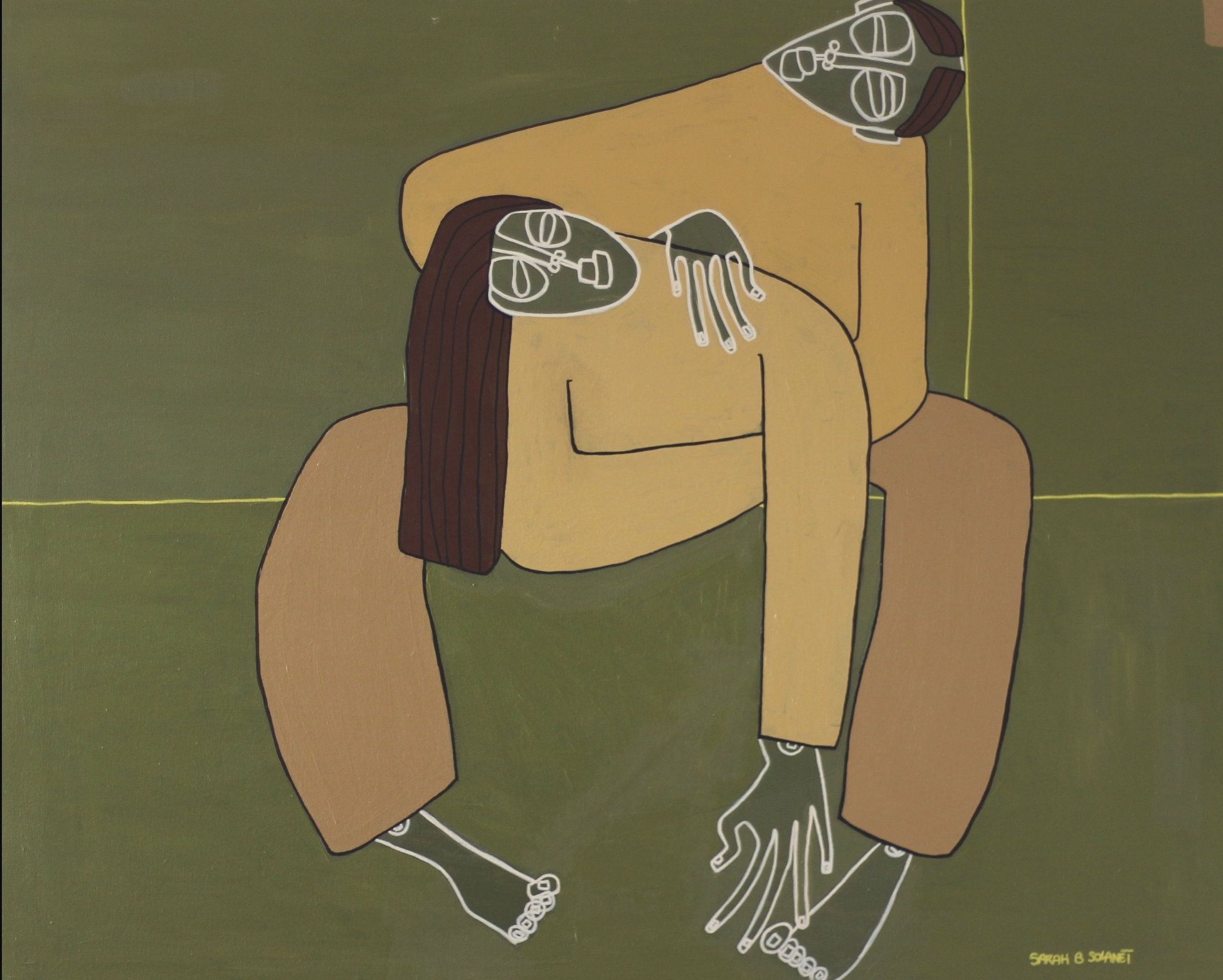 A line drawing of a person with long dark hair, lying on their side with their knees bent and arms extended, on a green background. The person is wearing glasses and a yellow top, with stylized white outlines of jewelry including earrings, a necklace