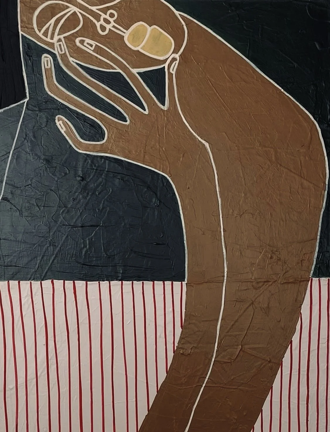 Abstract art of a hand holding a pair of glasses, with a large brown figure and red and white striped background.