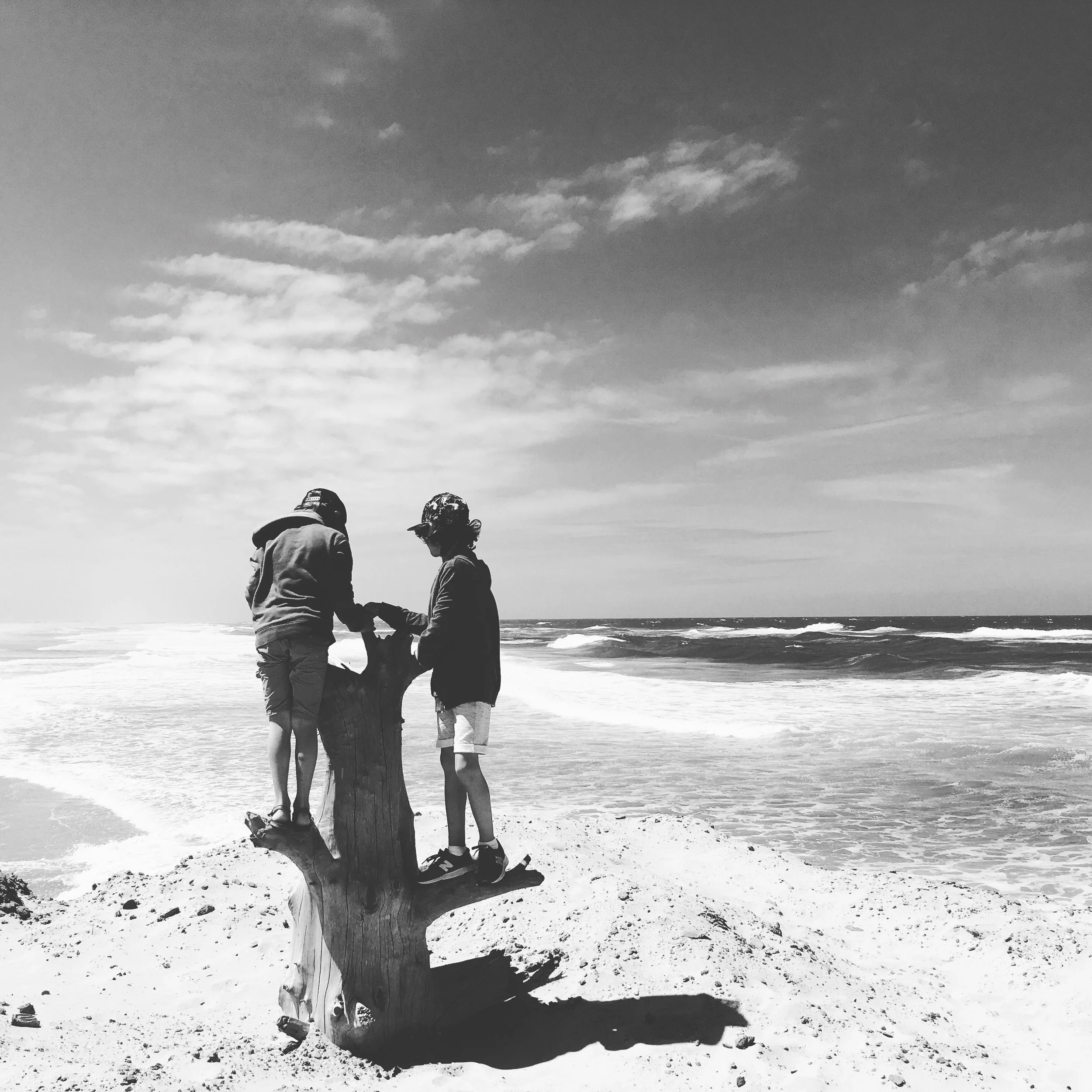 Two young children standing on a large piece of driftwood on a sandy beach, overlooking the ocean under a cloudy sky.