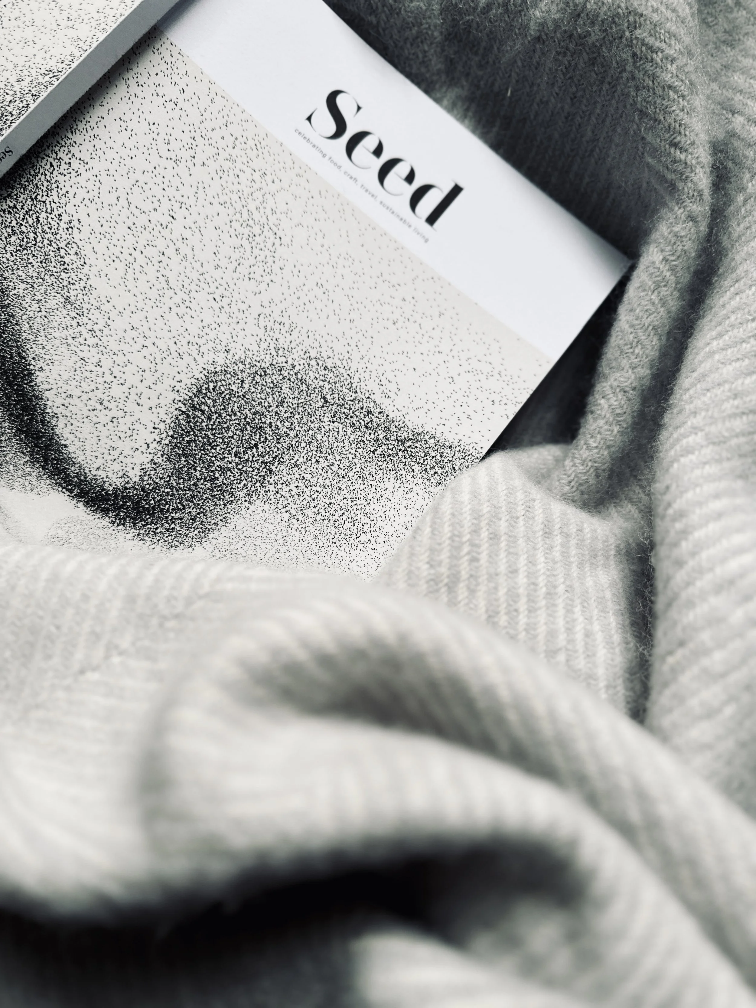 A magazine titled "Seed" with a black and white dotted illustration of a woman and a beige cozy blanket surrounding it.