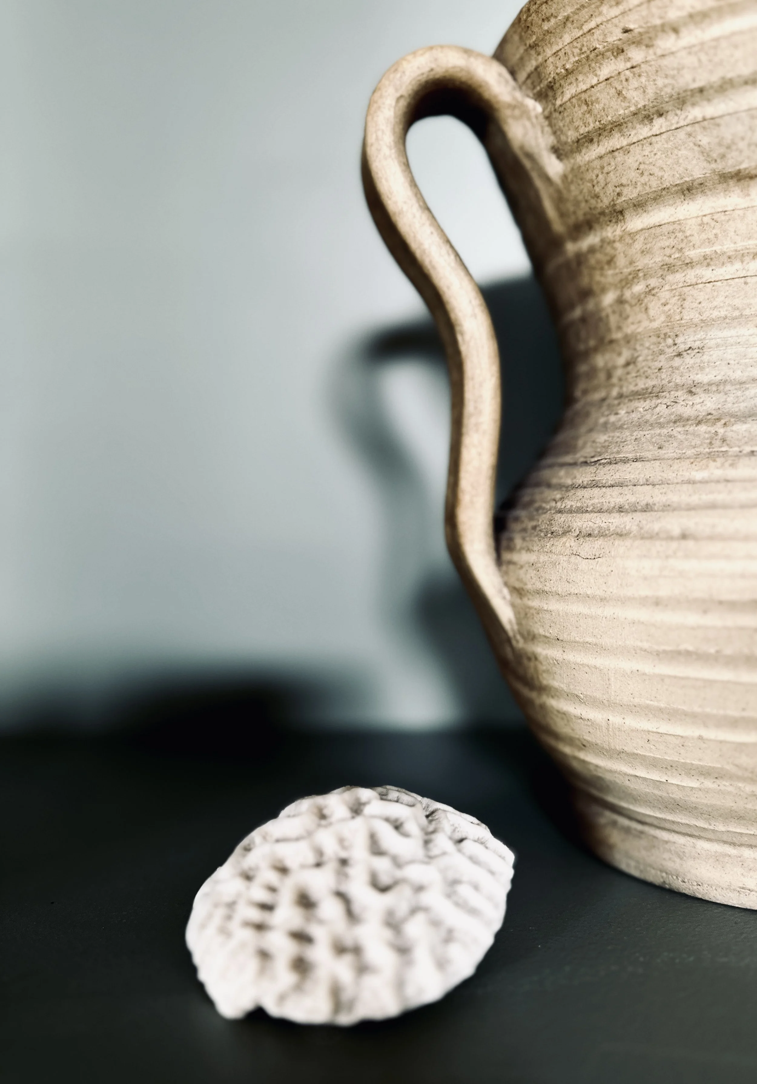 Close-up of a textured, beige ceramic vase with a narrow, curved handle, and a small white seashell or coral piece on a dark surface in front of it.