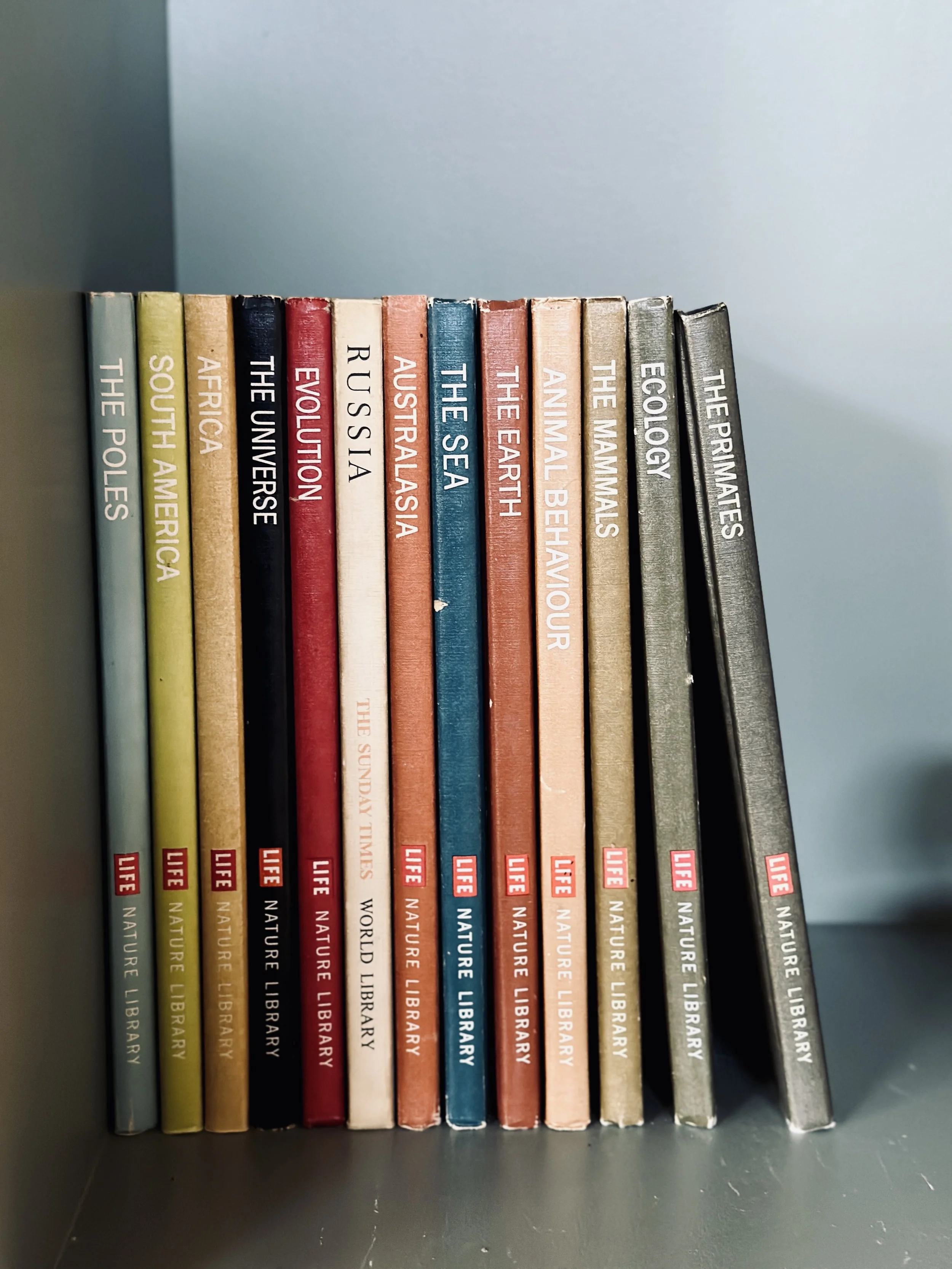 Row of books on a shelf, with titles including The Poles, South America, Africa, The Universe, Evolution, Russia, Australia, The Sea, The Earth, Animal Behaviour, The Manimals, Ecology, The Primate, and other titles in the Nature Library series.