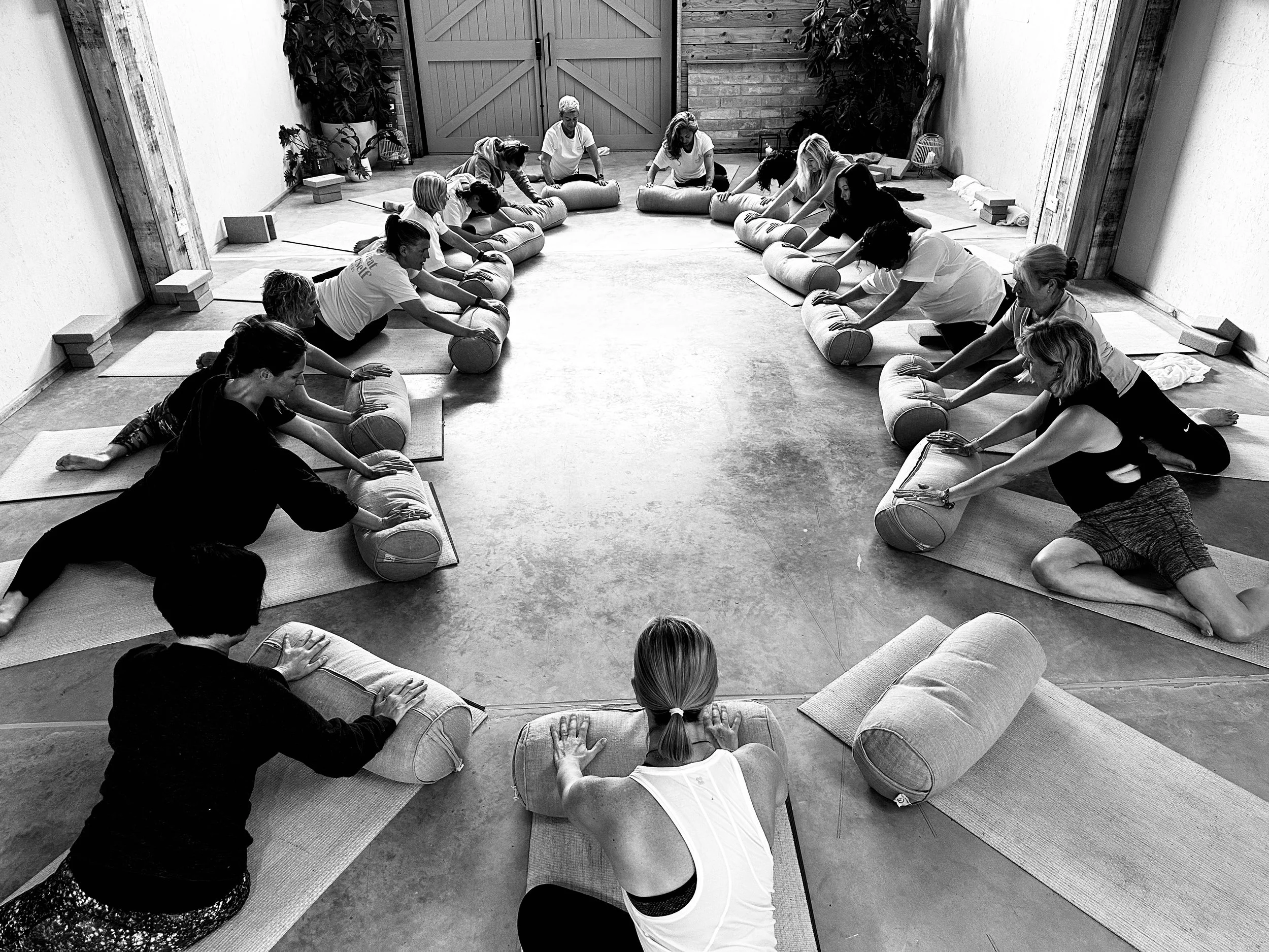Group of people in a yoga or Pilates class, sitting on mats and using foam rollers for stretching or exercise, in a spacious room with wooden walls and plants.