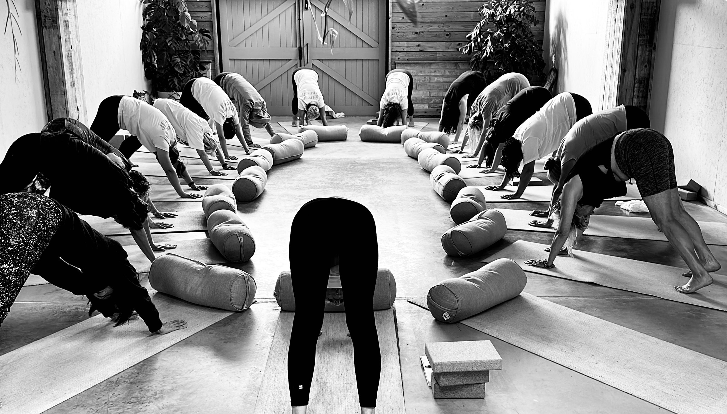 People participating in a yoga class in a rustic indoor studio, stretching on mats with bolster pillows, practicing downward dog pose.