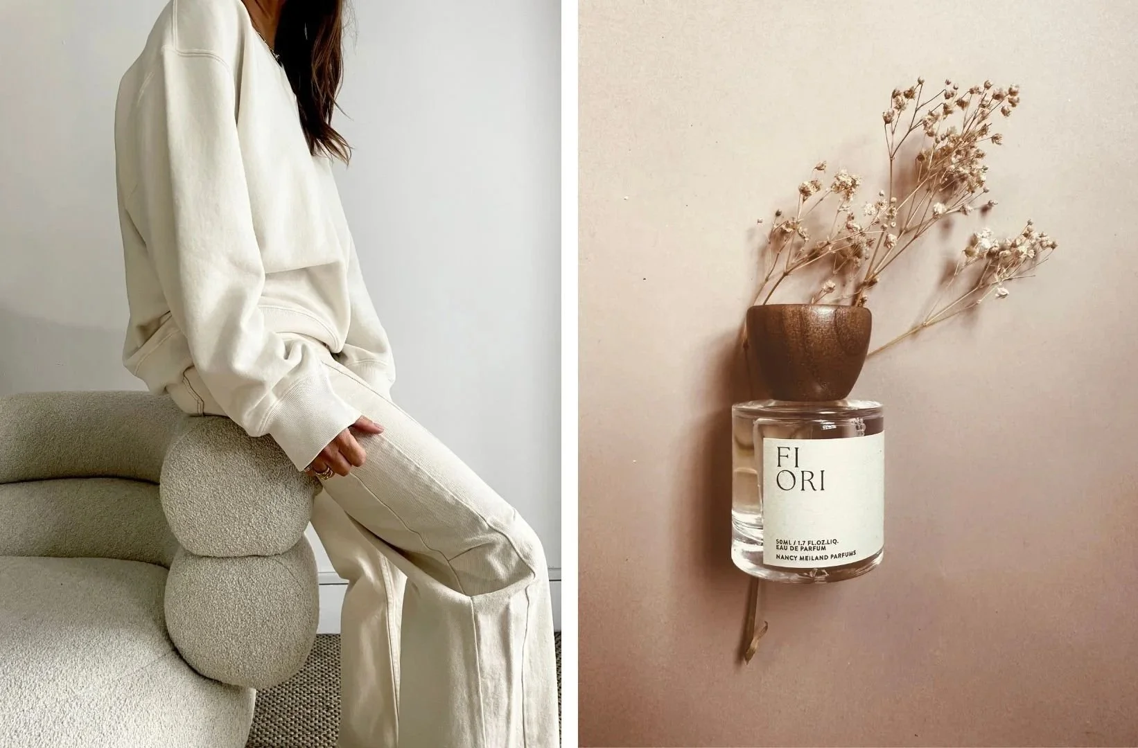 Left side: a person dressed in cream-colored casual clothes sitting on a textured beige couch; right side: a clear candle jar with a label reading 'FIORI' with dried flowers in a small wooden bowl placed inside the jar, on a light-colored surface.
