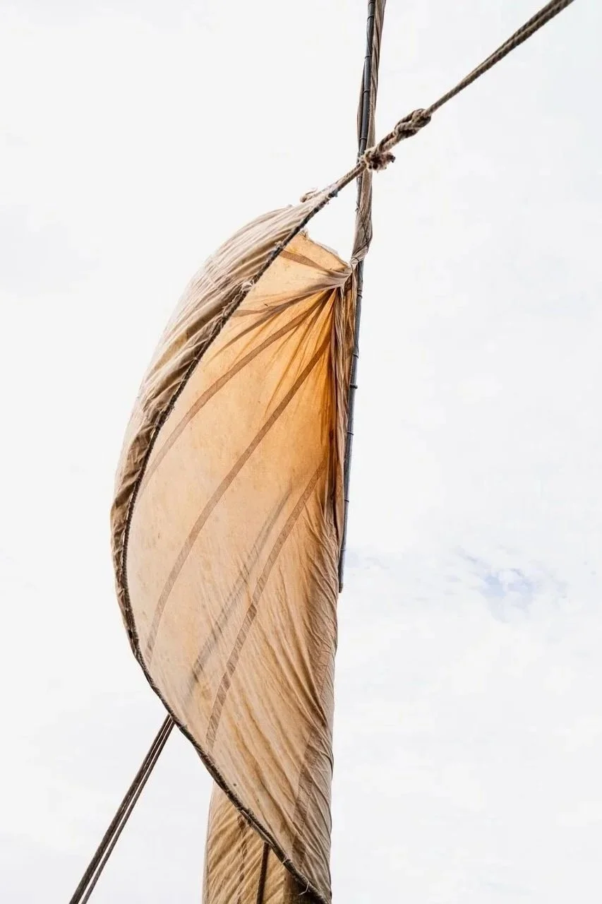 Close-up of a brown sail caught in the wind on a sailboat, against a cloudy sky.