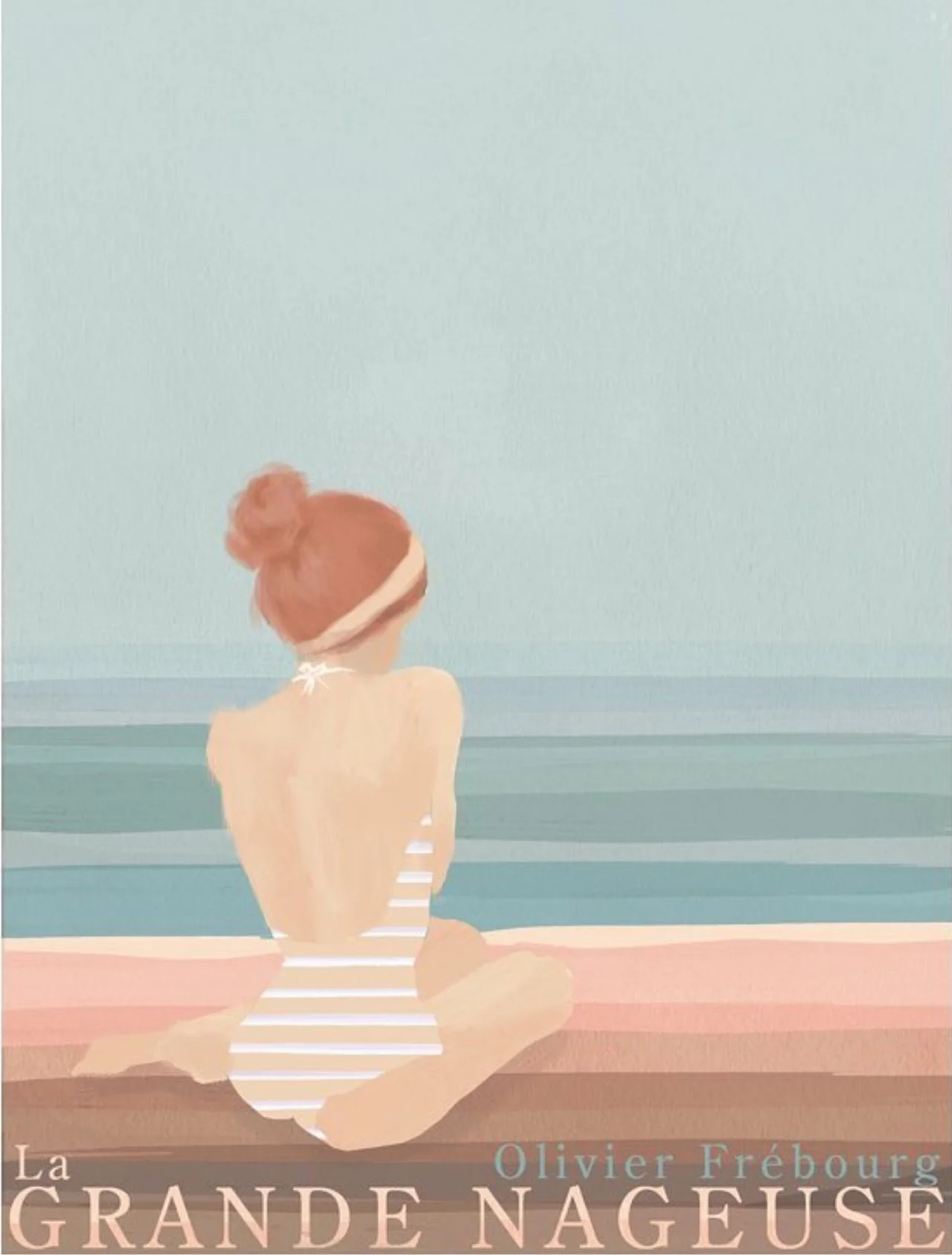 Painting of a girl with red hair in a bun, wearing a striped swimsuit and a headband, sitting on the beach facing the ocean.