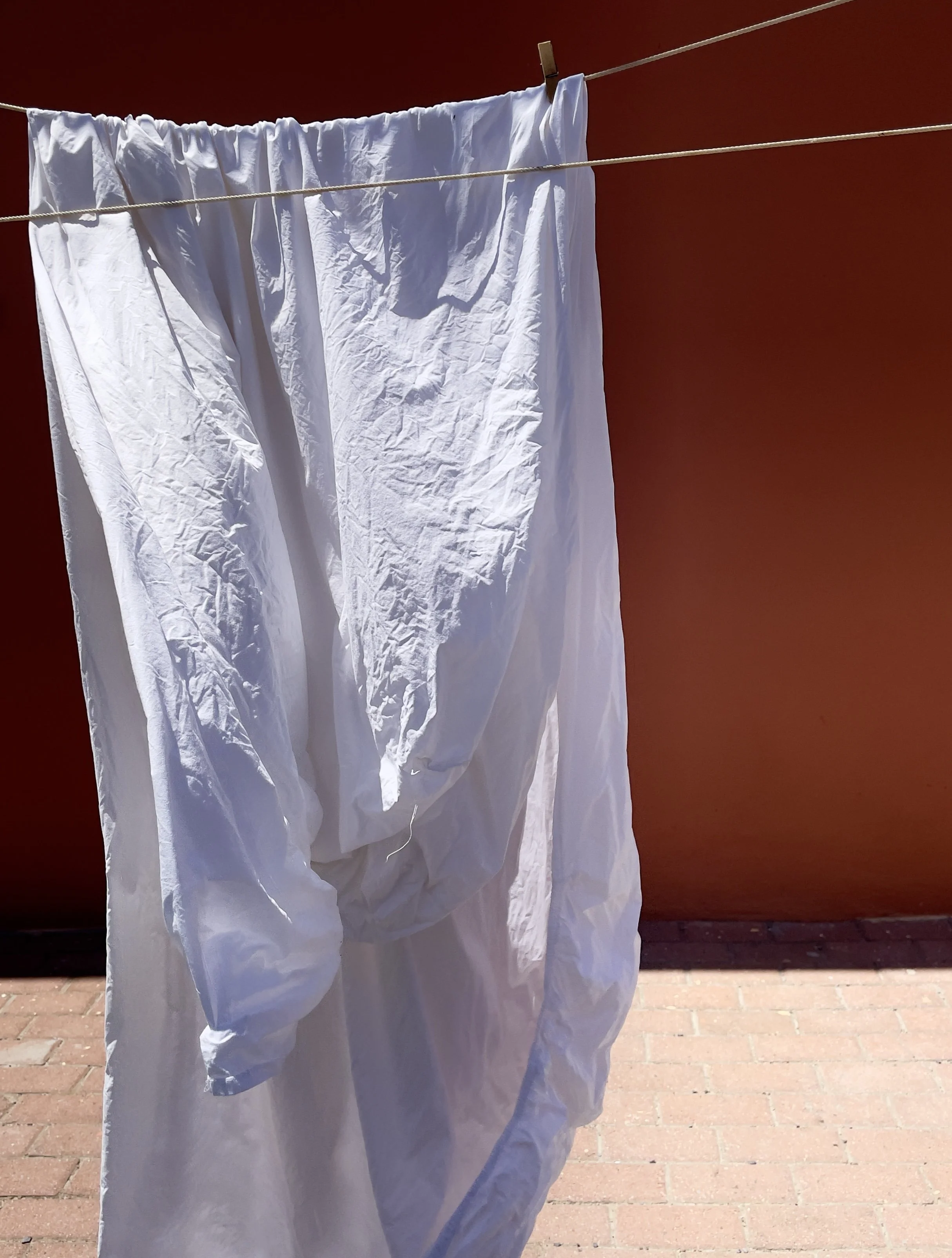 White bedsheets hanging on a clothesline against a red wall with a brick pavement below.