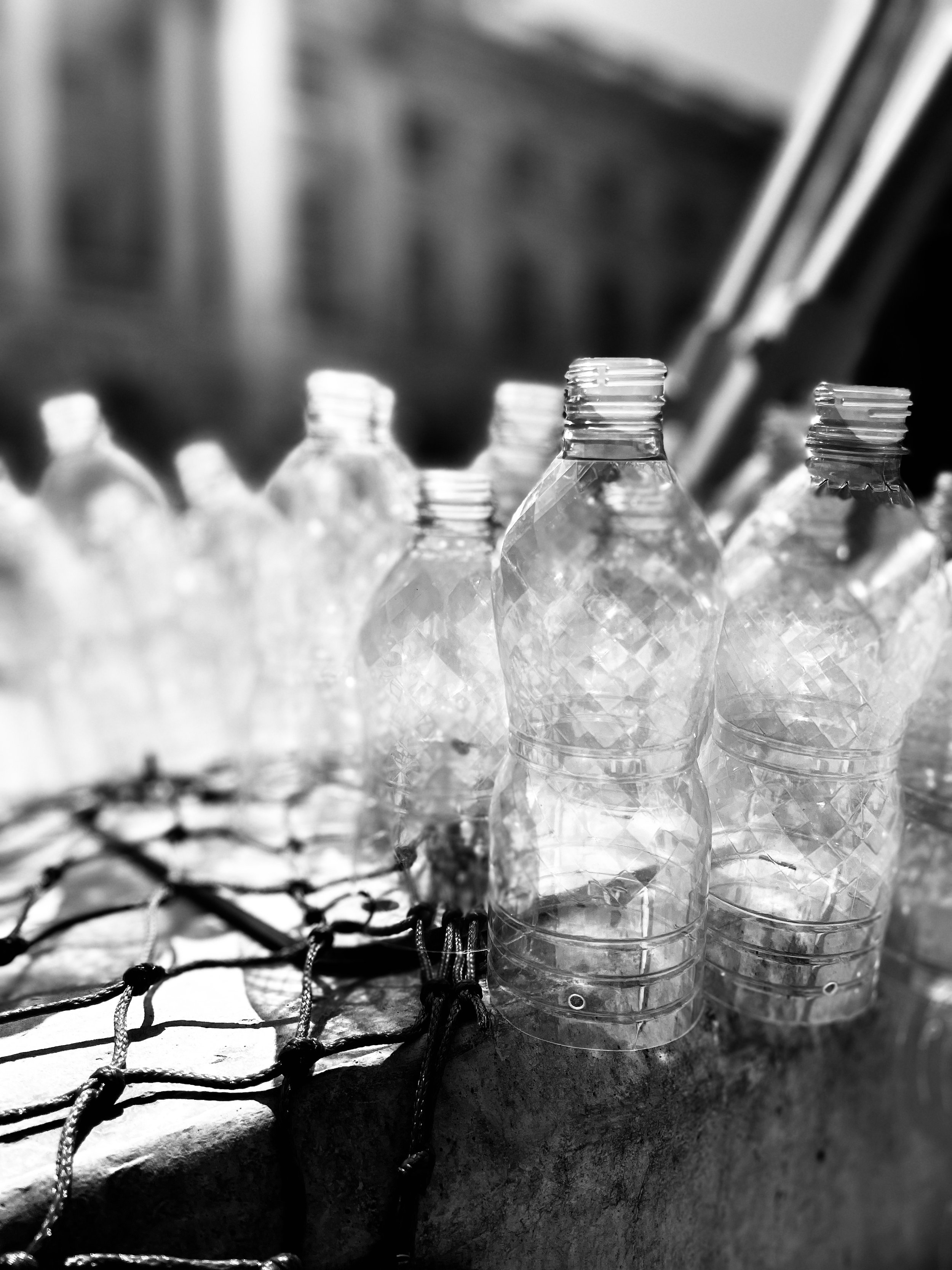 Multiple empty plastic bottles lined up on a surface near a wire fence, with a building in the background.