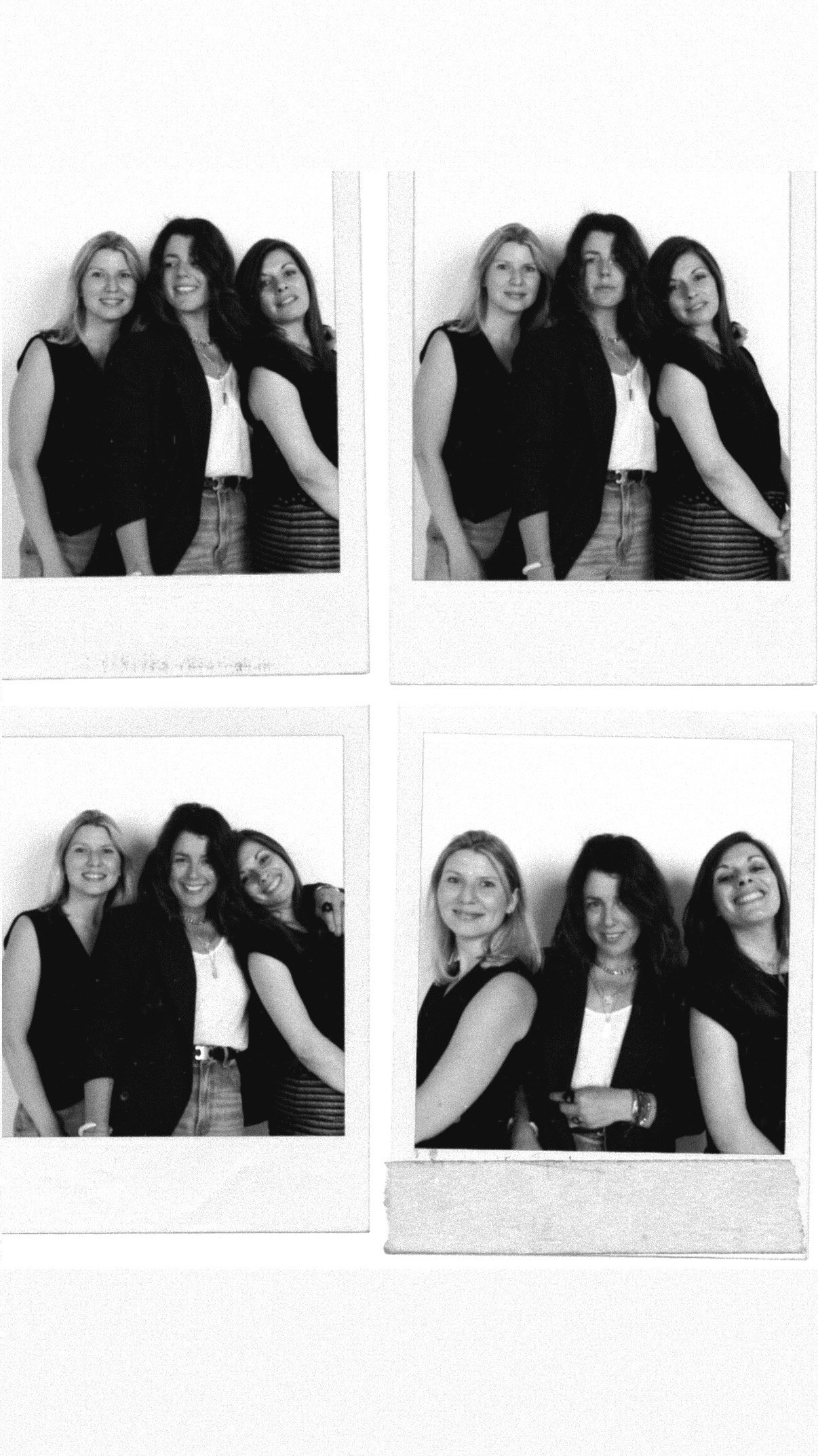 Four women in black and white photo booth pictures, smiling and posing together.