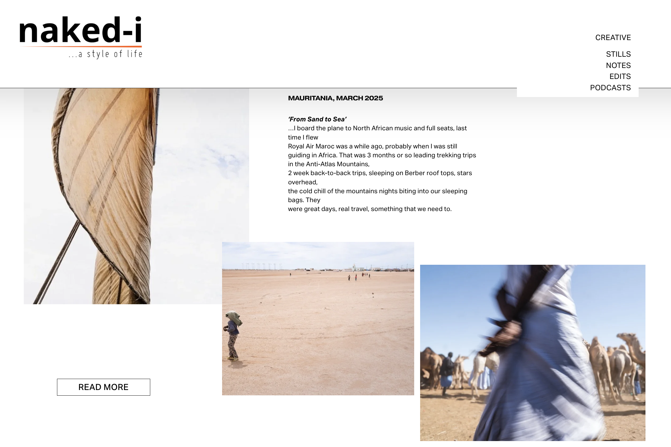 Screenshot of a website titled 'naked-i ...a style of life' with an article about Mauritania from March 2025, featuring images of a desert landscape, camels, and people in traditional clothing.