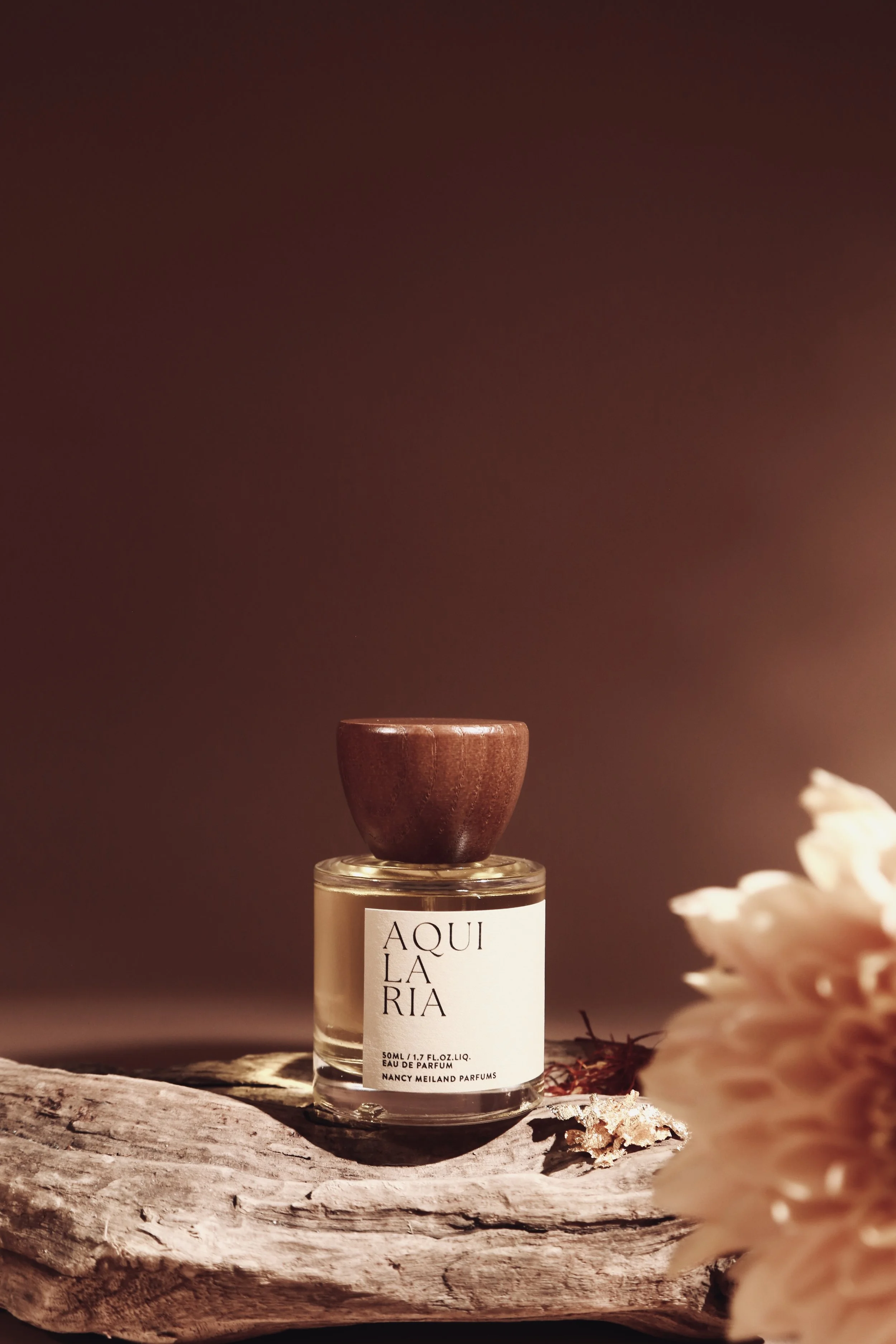 Aquilaria perfume bottle detail — Egyptian oud and rose niche fragrance by independent perfumer Nancy Meiland