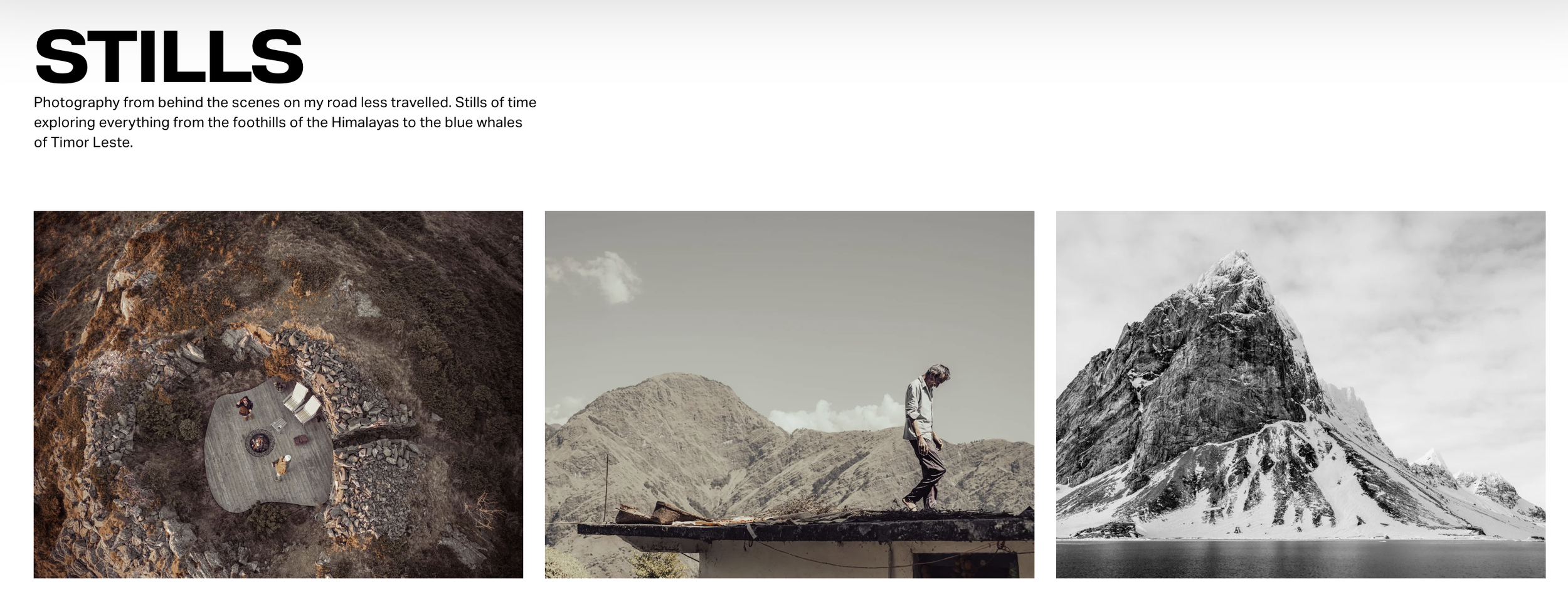 Three landscape photographs. The first is an aerial view of a circular outdoor seating area on a hillside with a fire pit and chairs. The second shows a man standing on a flat rooftop with mountainous terrain in the background. The third is a black-a