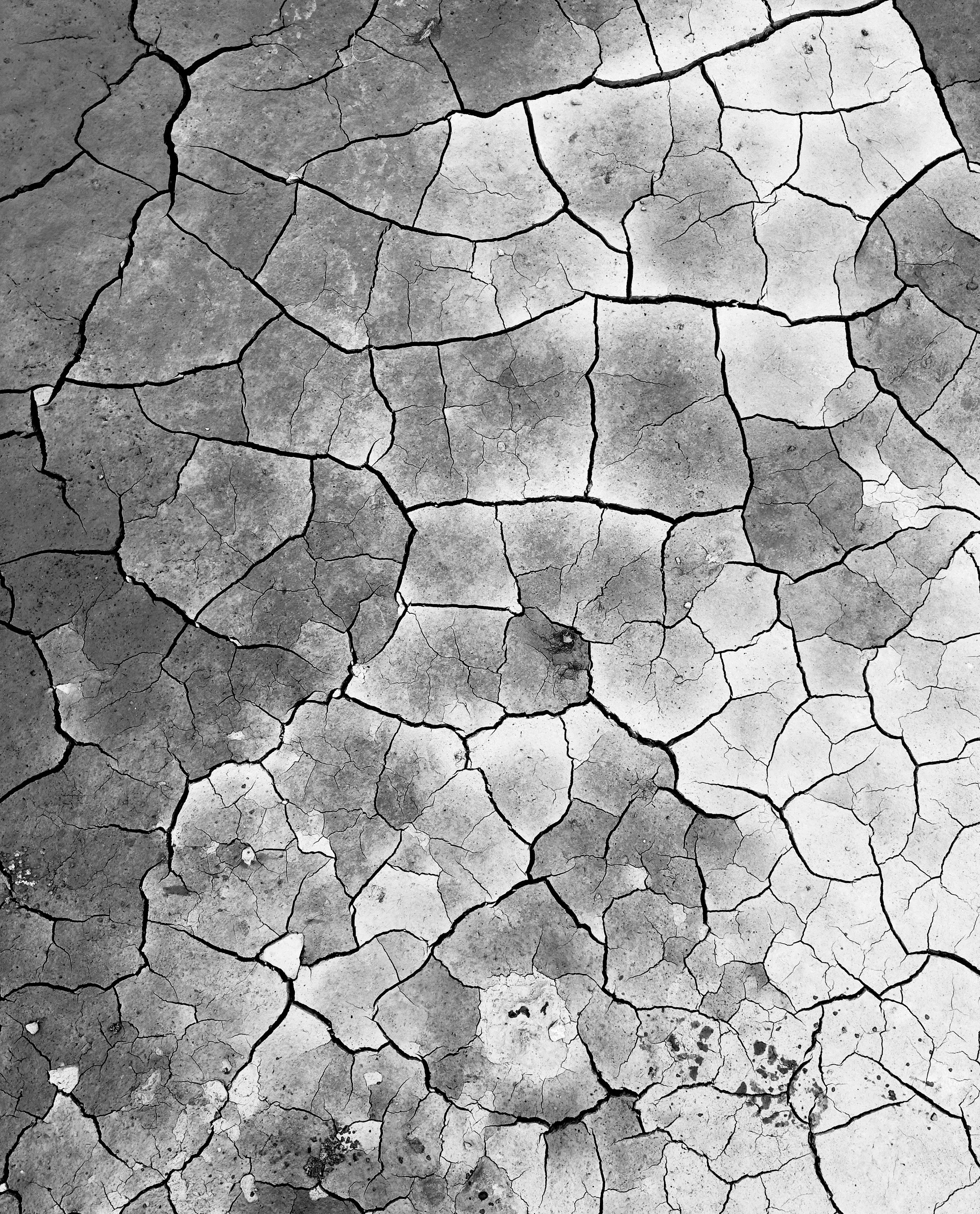 Close-up of cracked and dry concrete ground in black and white.