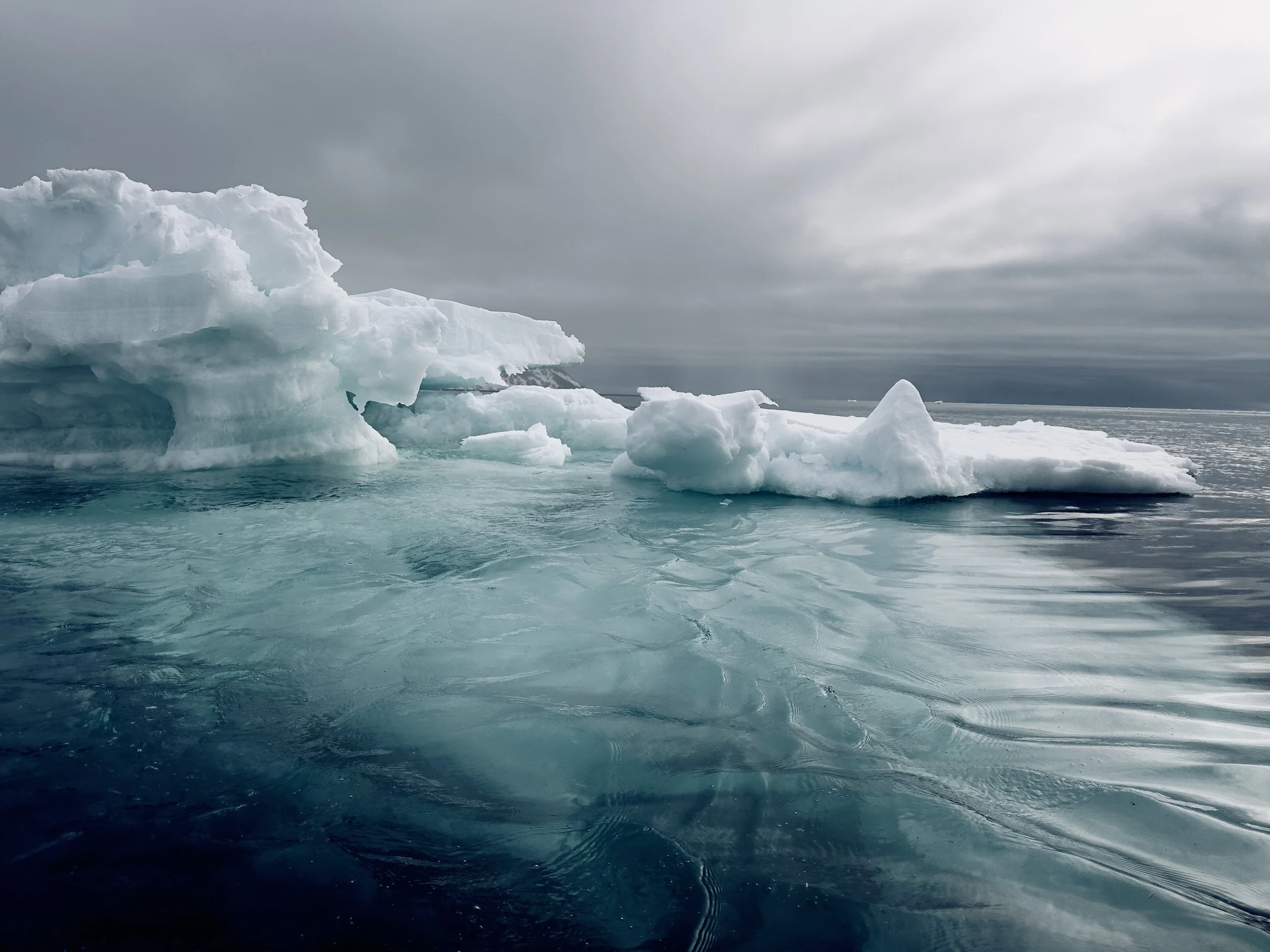 Icebergs floating in the ocean under a cloudy sky.