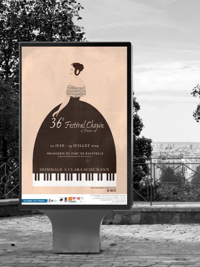 Poster advertising the 36th Festival Chopin in Paris, featuring an illustration of a woman in a dress resembling a piano, with details about the event dates, location, and tribute to Clara Schumann.