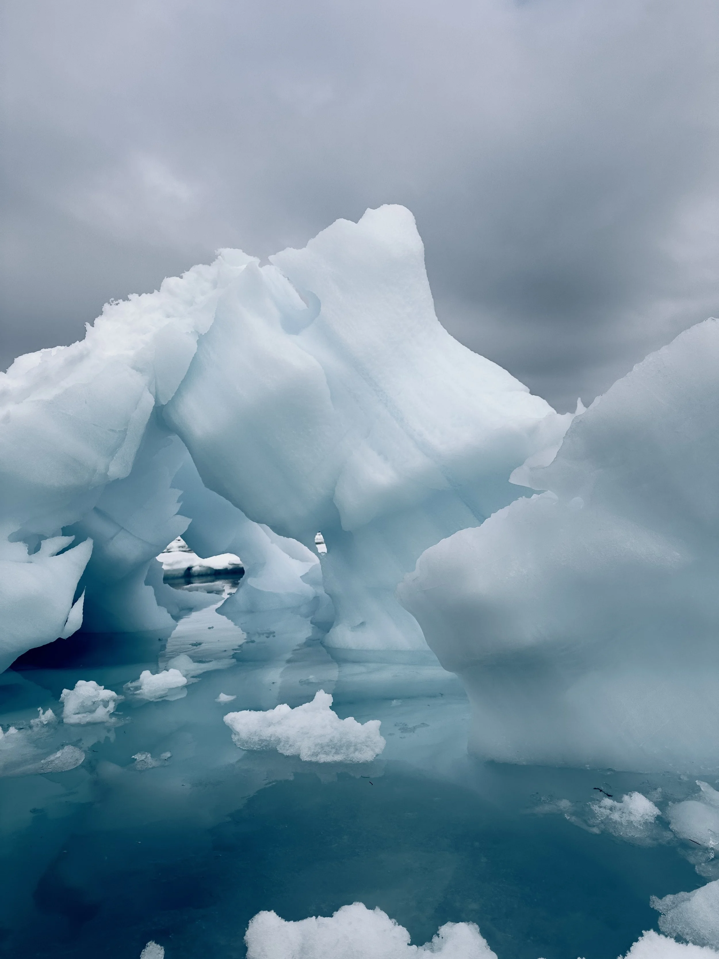 Large chunks of ice floating on calm water on a cloudy day in the Arctic or Antarctic.
