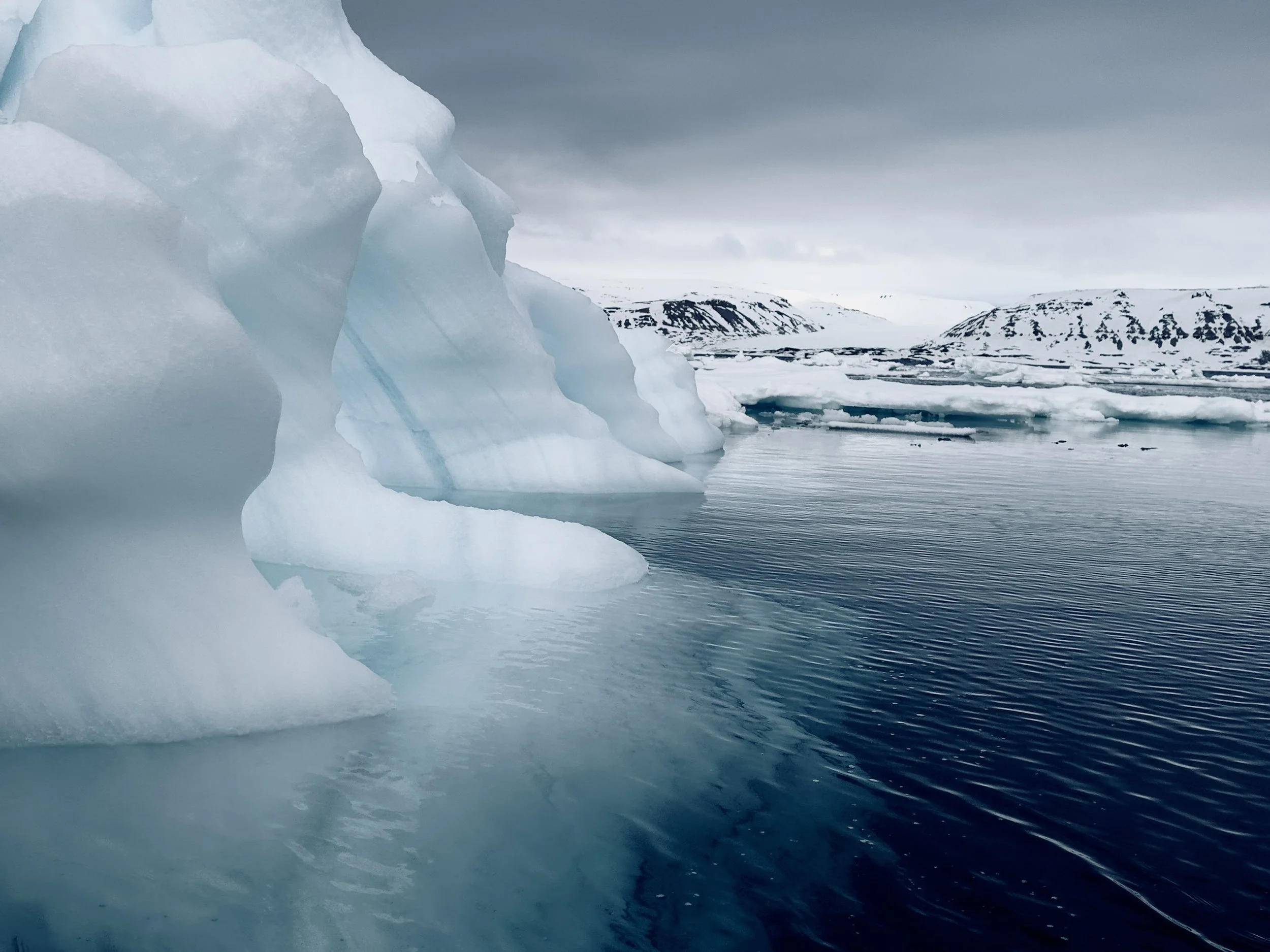 Icebergs floating in icy water in a cold, snowy landscape under a cloudy sky.