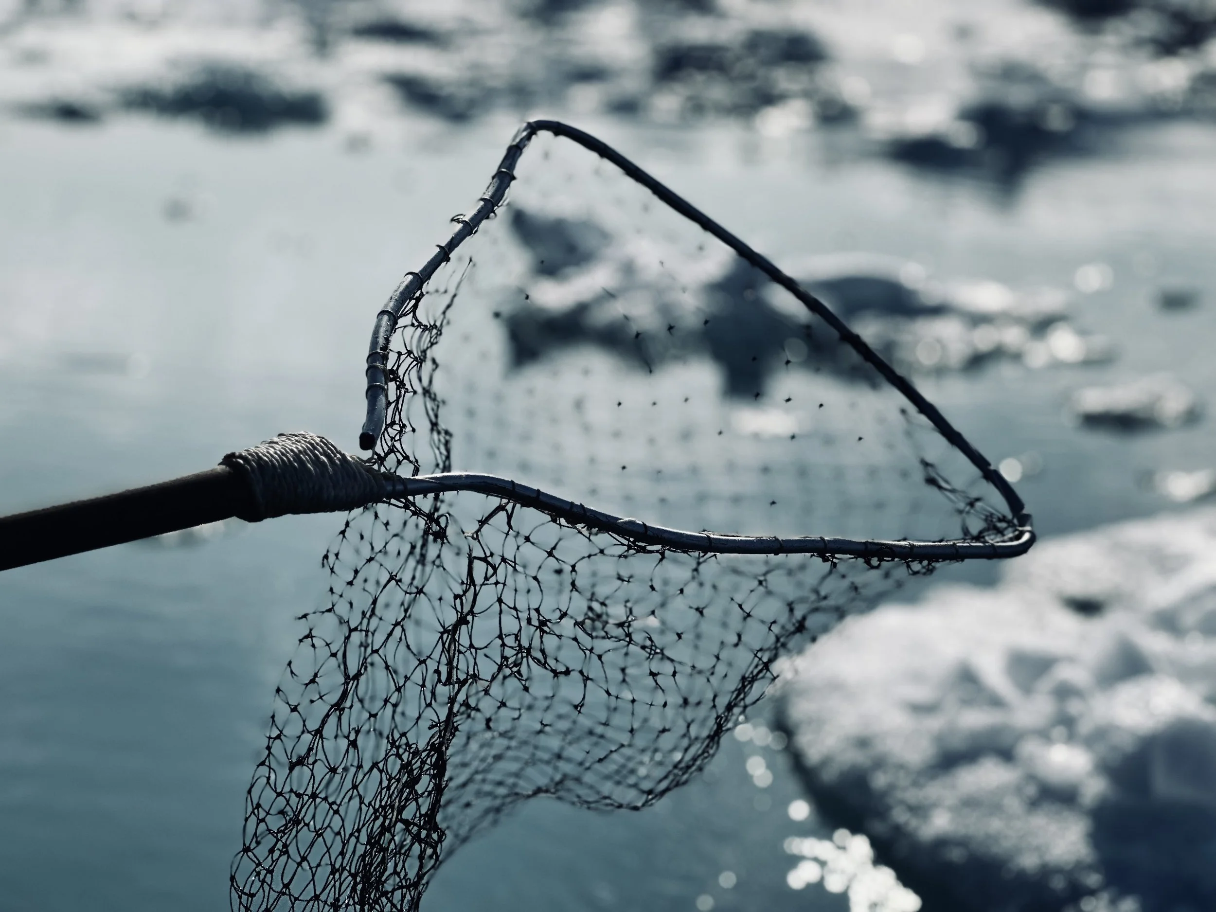 A fishing net attached to a pole being held over water with ripples, likely near a shoreline or boat.