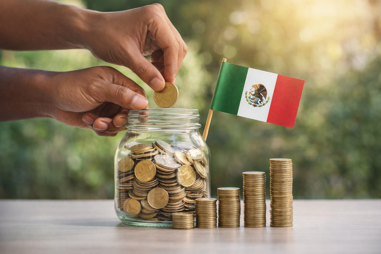 Mano colocando moneda en frasco con monedas, banderín de México, aumento de monedas en pila, fondo natural.