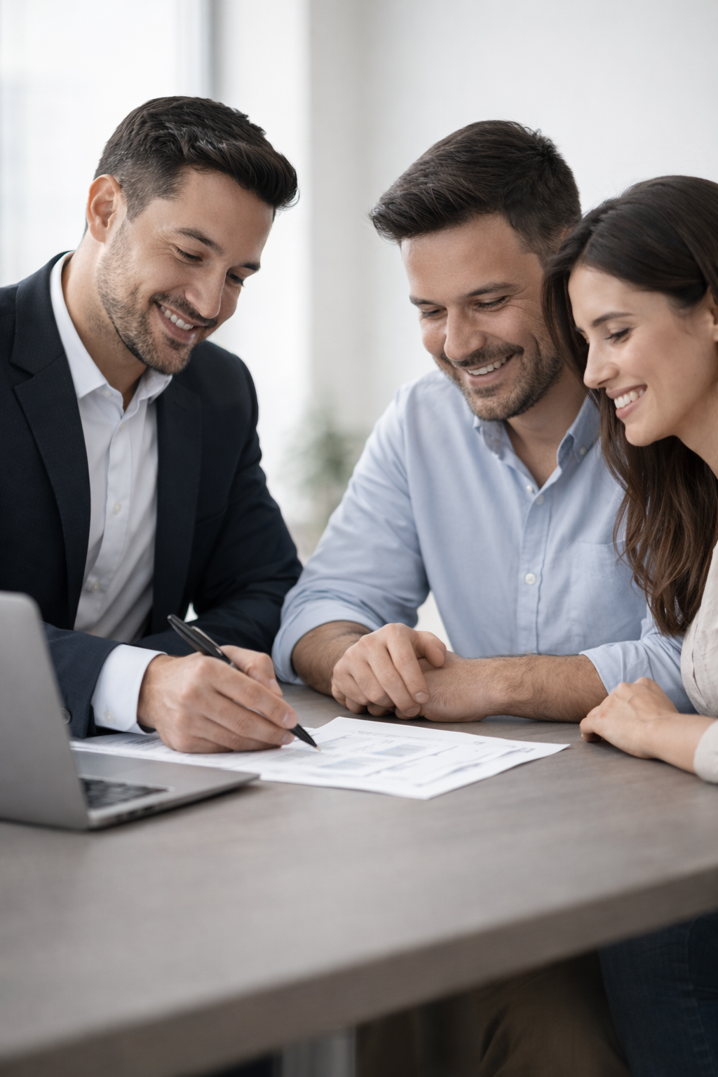 Tres personas sonriendo y trabajando juntas en una mesa de oficina, revisando documentos y usando una computadora portátil.