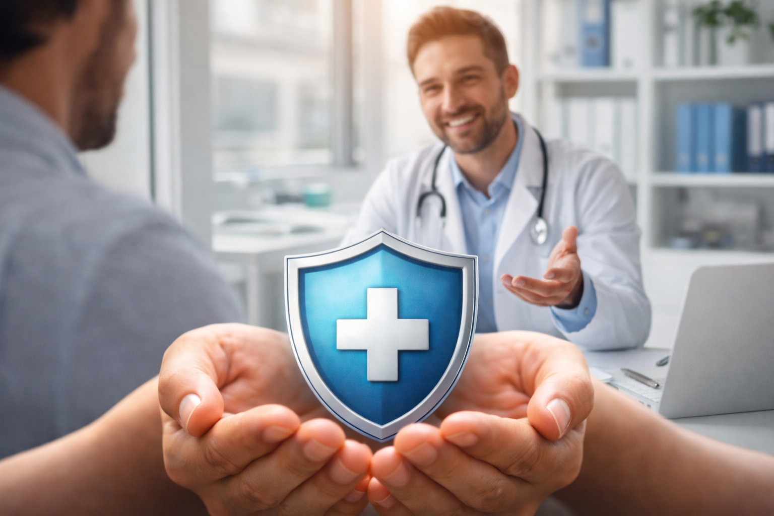 Doctor sonriendo en consulta médica con un escudo con cruz blanca entre las manos.