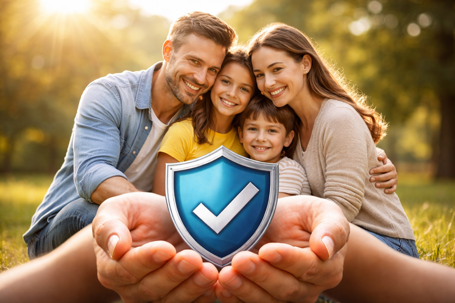 Familia feliz con un escudo de protección y marca de verificación en un parque