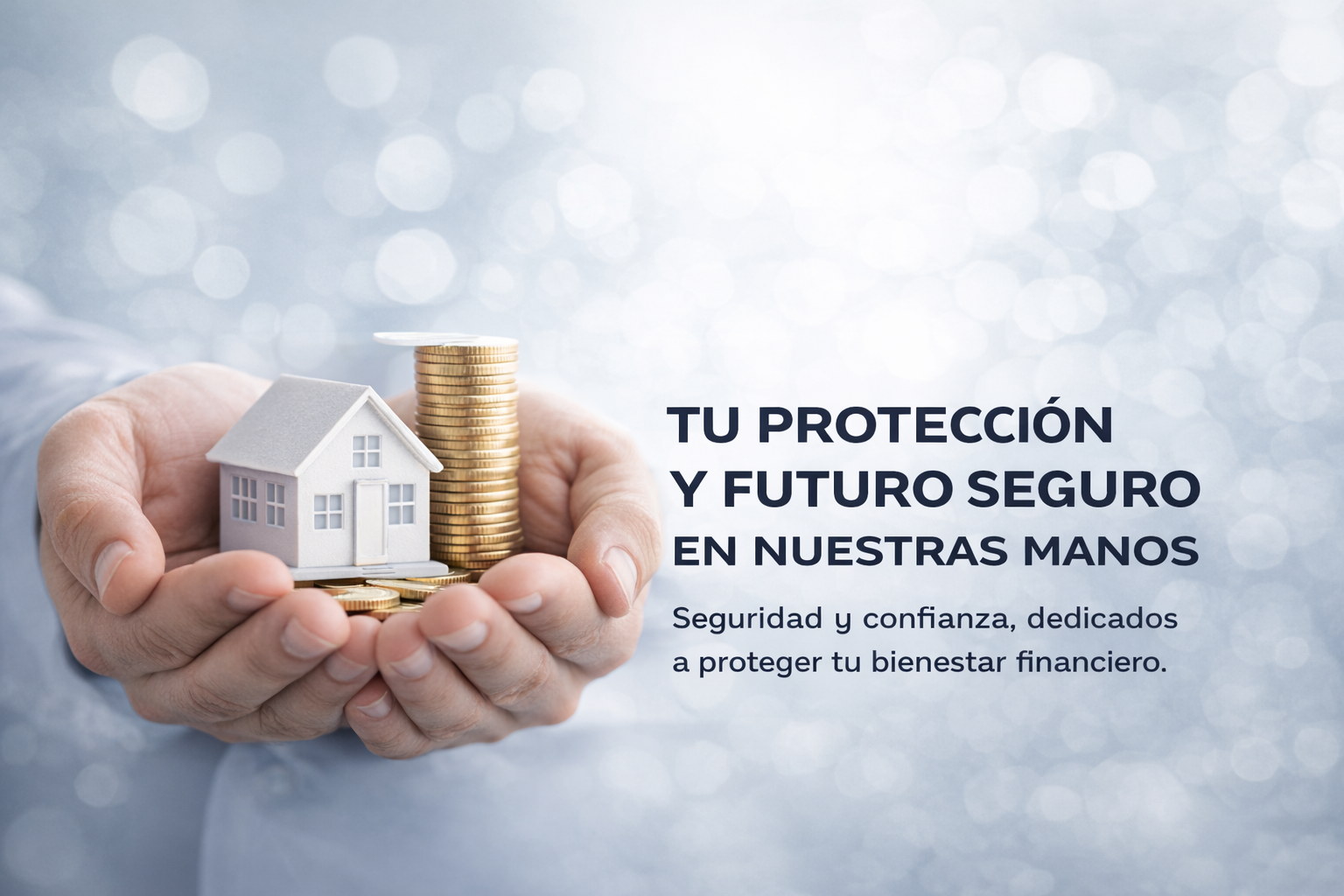 Mano sosteniendo una maqueta de una casa y una pila de monedas de oro.