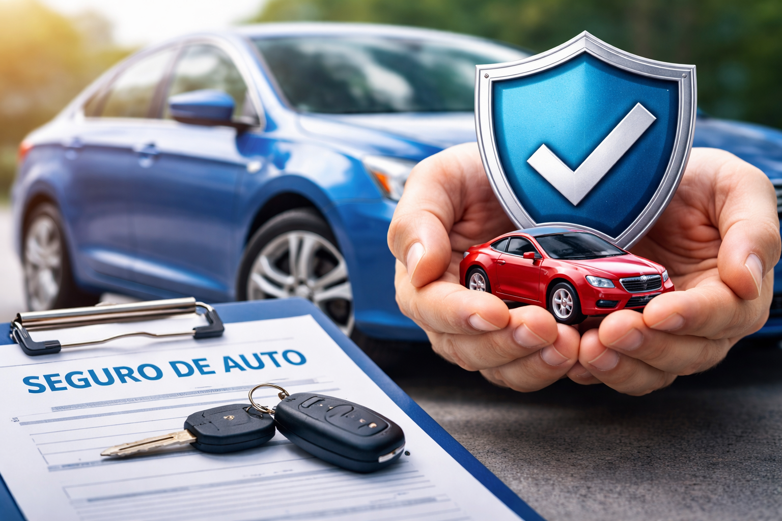 Un coche azul y un modelo en miniatura de coche rojo con un escudo y una marca de verificación, junto a un contrato de seguro de auto y llaves.