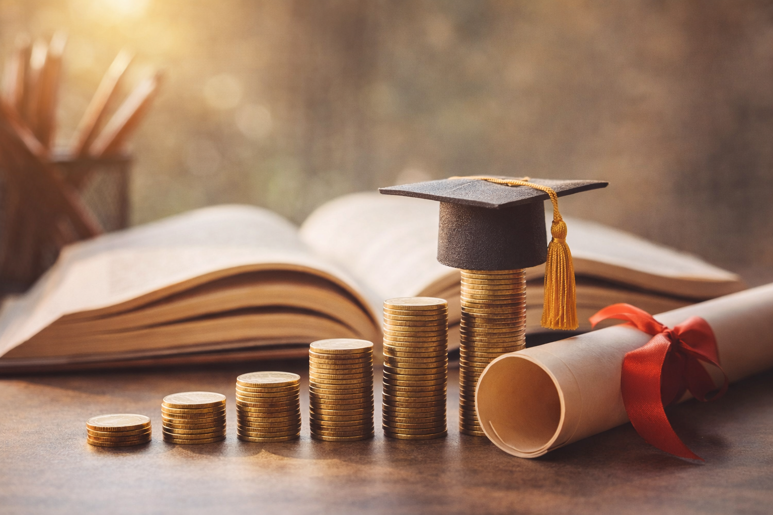 Montones de monedas creciendo en tamaño con un birrete de graduación en la parte superior, un libro abierto y un diploma con cinta en el fondo.