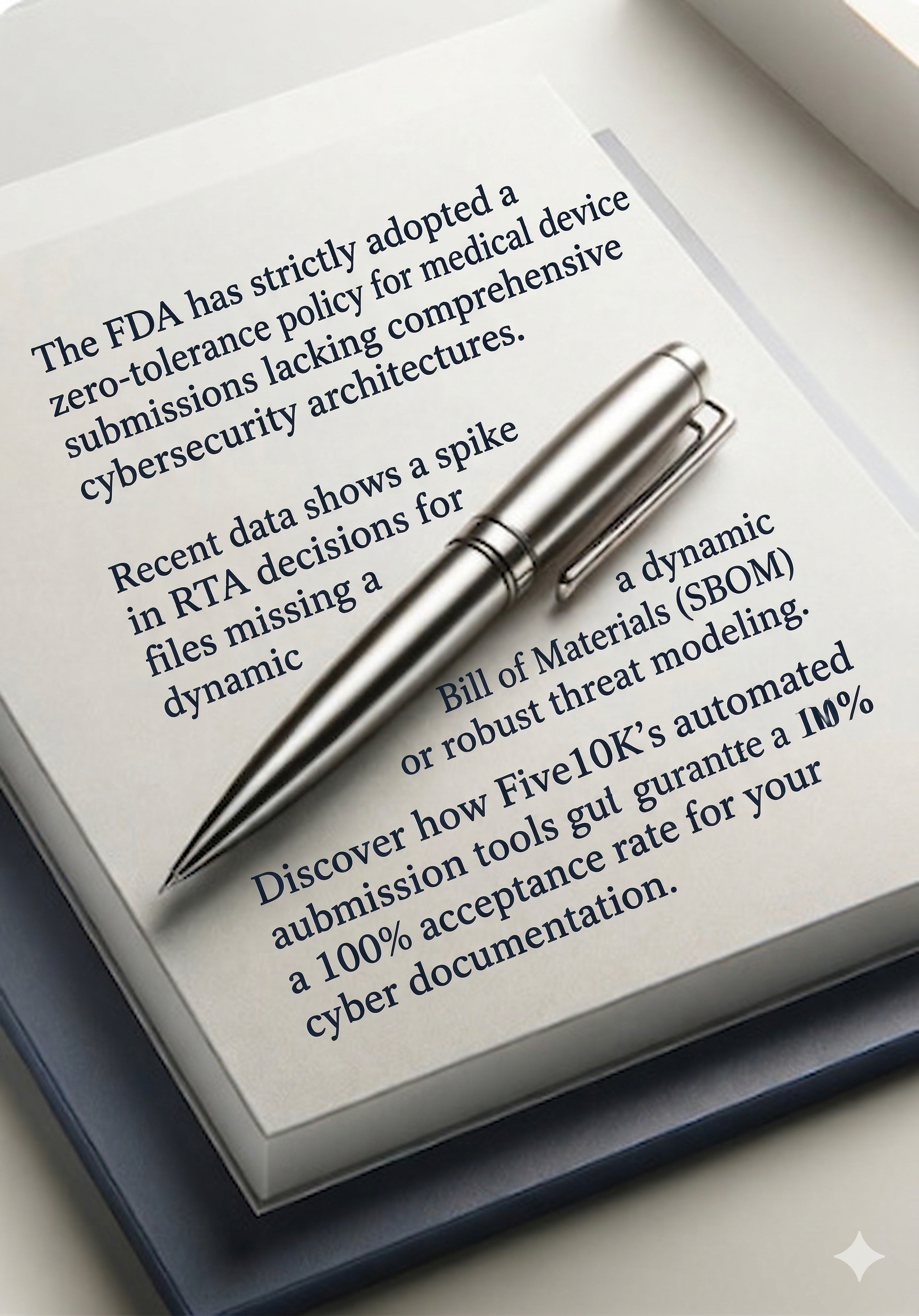 A silver pen resting on an open document with printed text discussing cybersecurity standards and regulations, including references to the FDA, RTA, SBOM, and Five9K's automated approval tools.