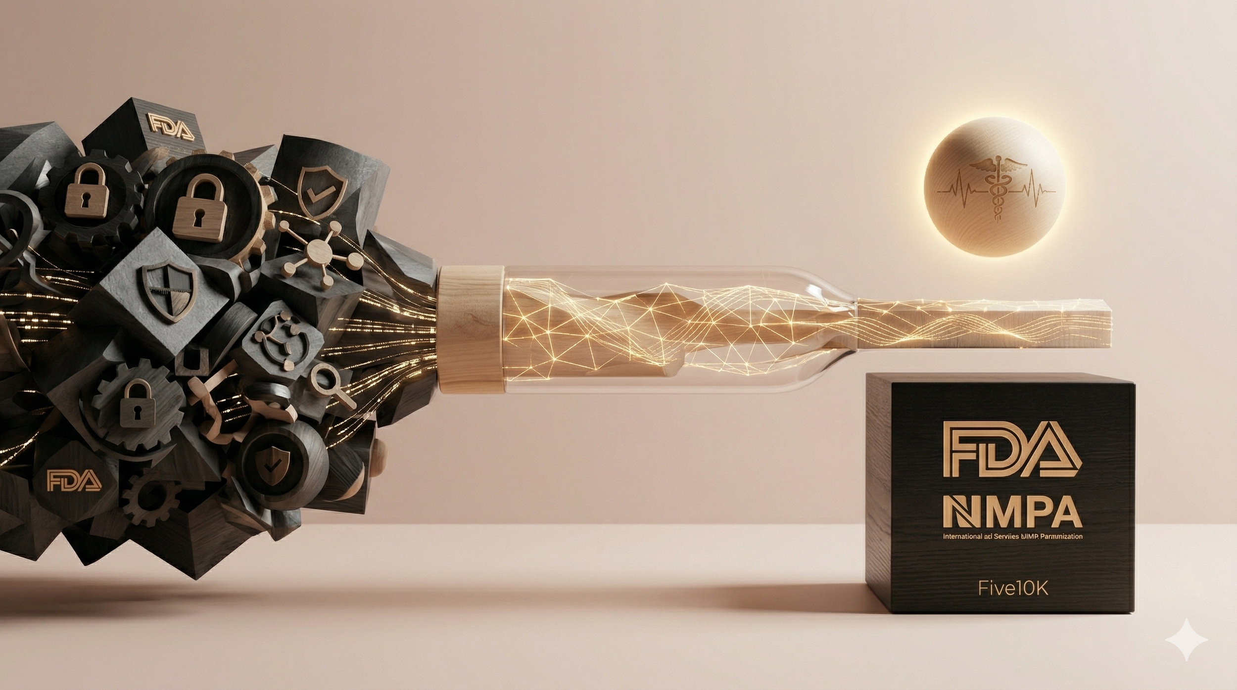 A digital illustration of a syringe with a glowing light tube through the middle, connected to a cluster of dark gears and icons related to security and healthcare on the left, and a block labeled 'FDA NMP' on the right, with a floating sphere featuring medical and heart rate symbols above.
