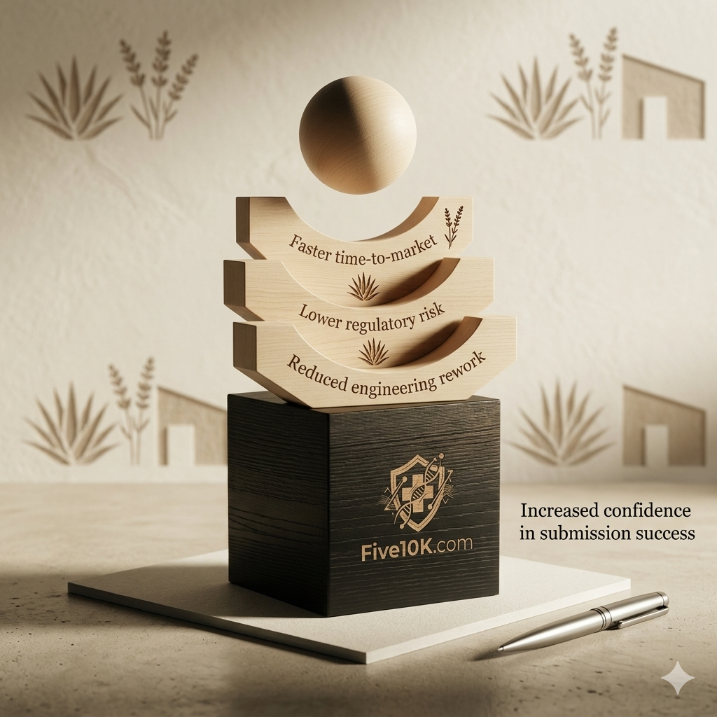 Stacked wooden blocks with phrases: 'Faster time-to-market,' 'Lower regulatory risk,' and 'Reduced engineering rework' on a black base with a logo and website Five10K.com. A wooden globe above the blocks and a pen beside on a white surface. Background has painted houses and plants. Caption: 'Increased confidence in submission success.'