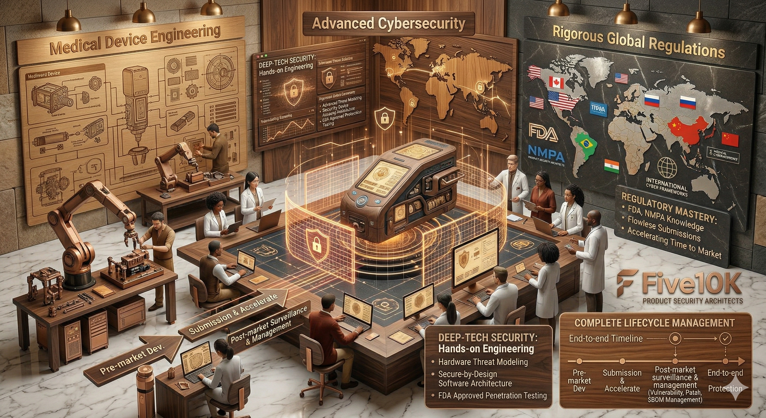 An illustration of a cybersecurity lab with professionals working on medical device security, featuring large diagrams, maps, and a digital medical device at the center with security icons, surrounded by people at computers, robotic arms, and informational boards about regulations, security, and device development.