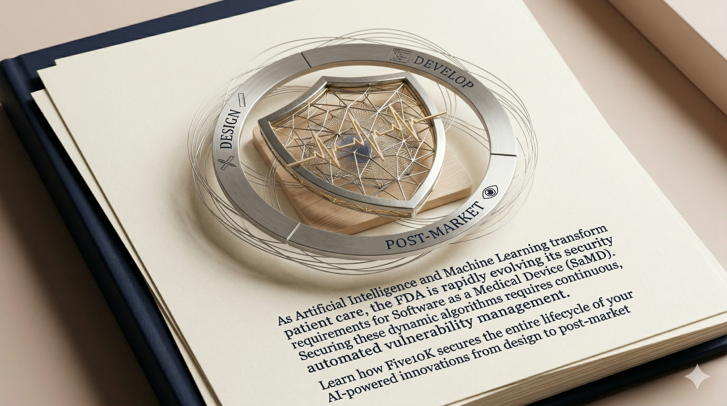 Open notebook with a 3D printed emblem in the shape of a shield with a heartbeat line, surrounded by a circular band. The band contains words 'Design,' 'Develop,' and 'Post-Market,' with small icons. The page features printed text about AI-powered innovations in medical device security and lifecycle management.