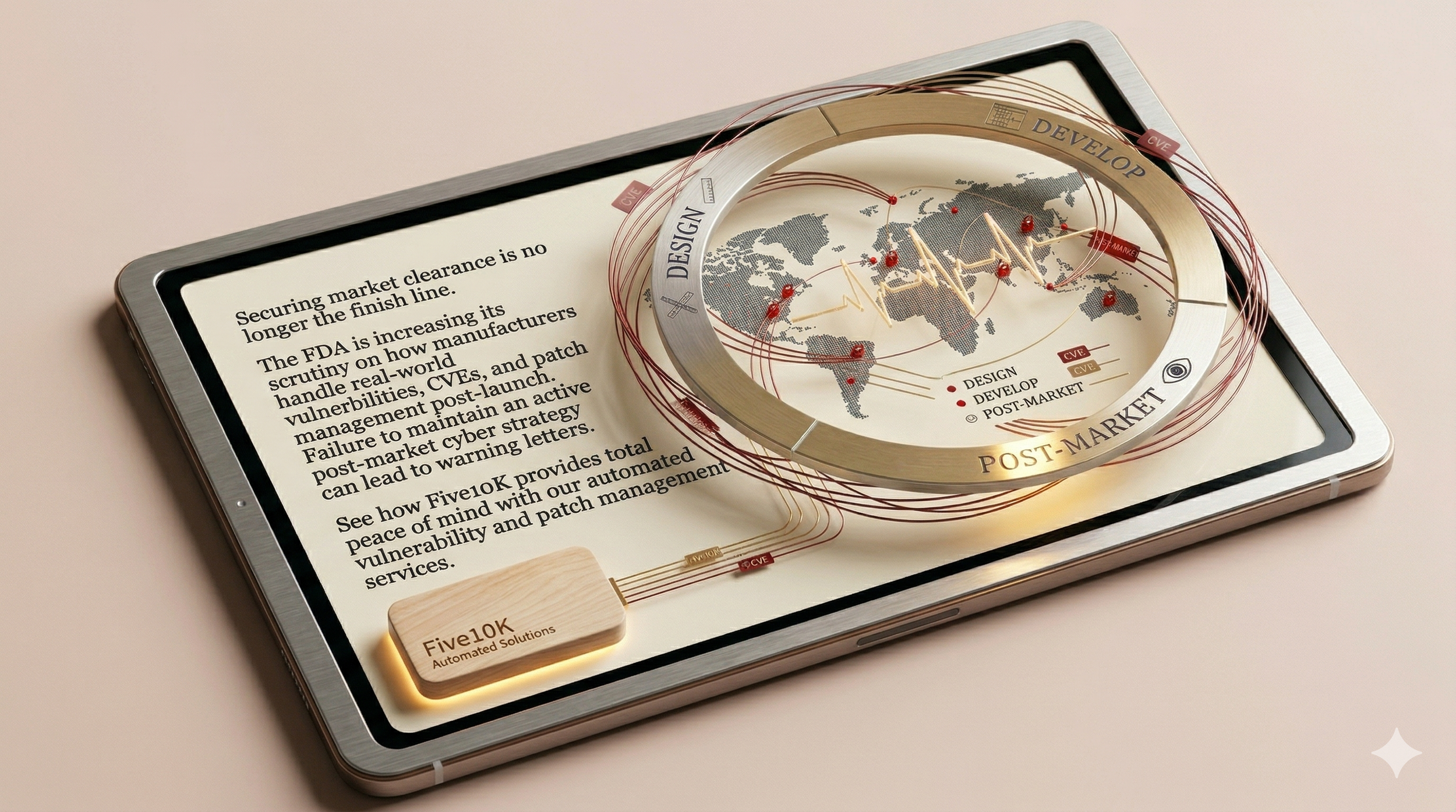 A digital tablet displaying a presentation about market clearance, cyber strategy, and post-market management. On the screen, there is a circular diagram with elements labeled design, develop, and post-market, with a world map in the background. A small wooden block with the text "Five10K Automated Solutions" is on the tablet.