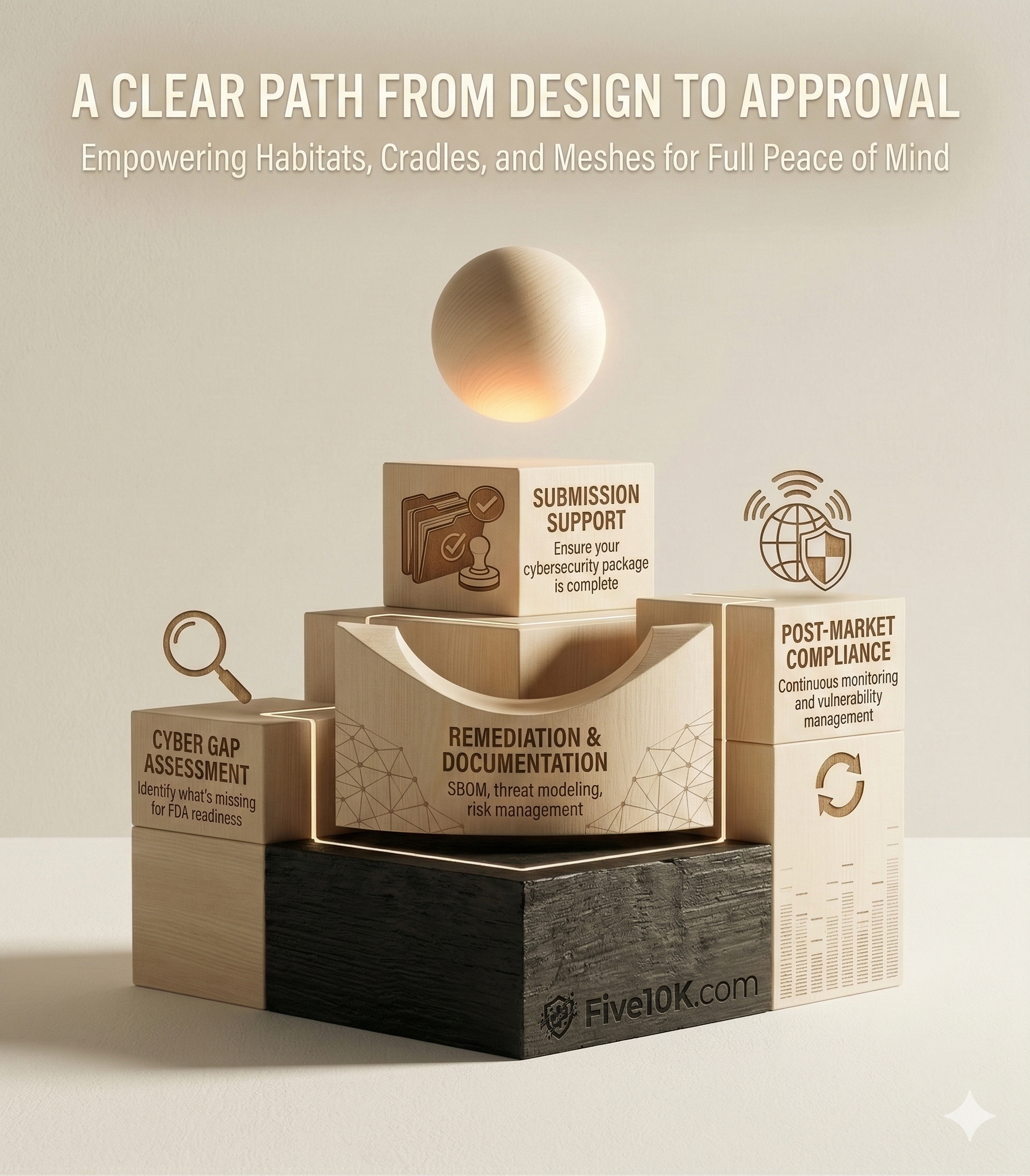 Diagram illustrating the steps in cybersecurity compliance process, including assessment, documentation, submission support, and post-market monitoring, with labeled blocks on wooden blocks and a stylized globe icon.