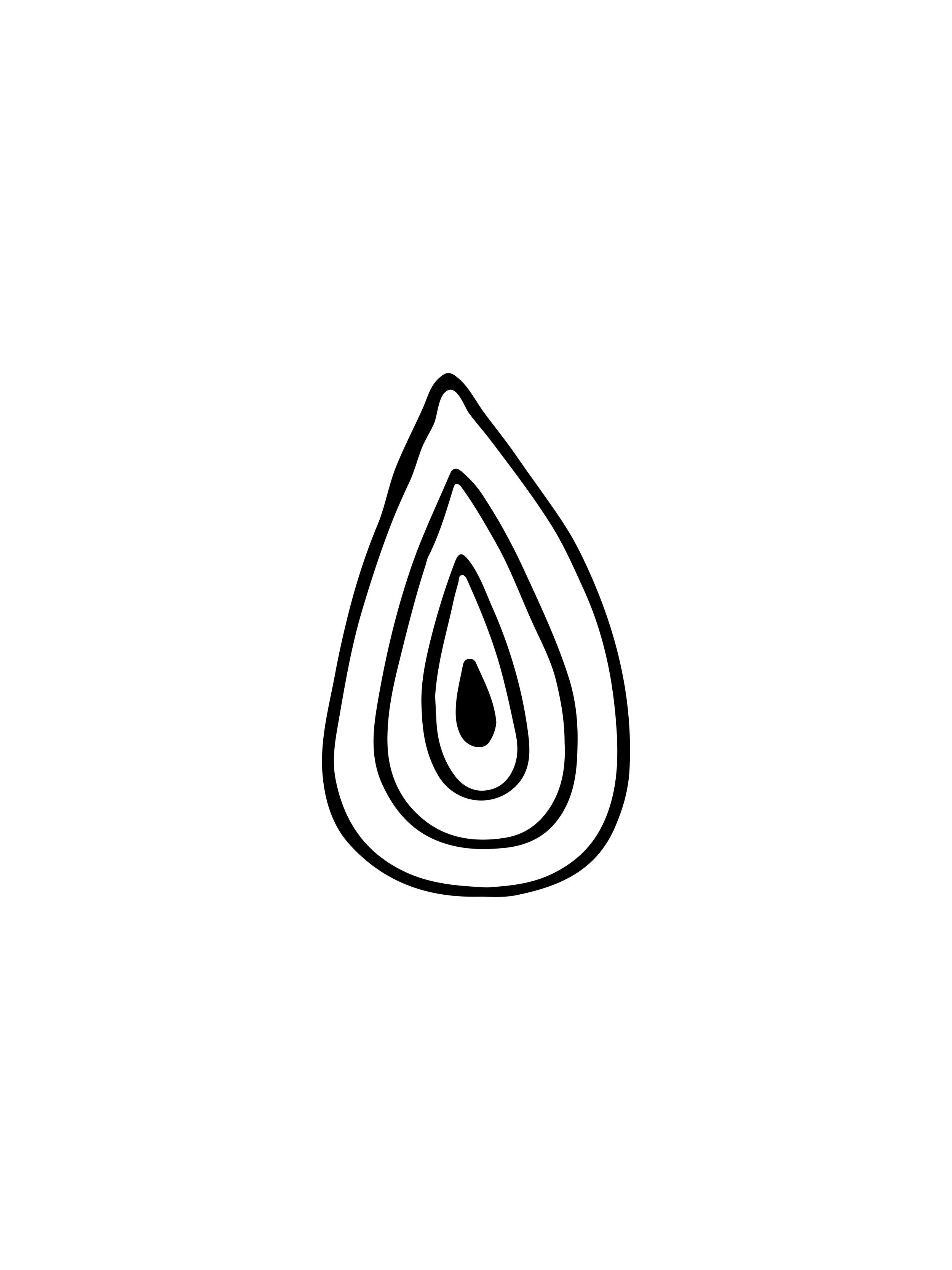 Black outline of a tear-shaped drop with concentric teardrop shapes inside, on a white background.